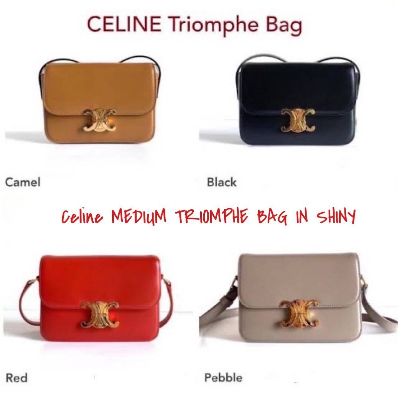 Celine MEDIUM TRIOMPHE BAG IN SHINY มีรูปทรงเป็นกล่องคล้ายกับกระเป๋า Classic Box แต่มีการออกแบบโลโก้ที่สะดุดตาแบบวินเทจ ด้วยดีไซน์ที่ดูโฉบเฉี่ยว แต่คงความคลาสสิคอย่างเต็มเปี่ยม ทำให้เป็นที่ดึงดูดความสนใจของสาวๆ สายสะพายสามารถปรับระดับได้ มีความคล่องตัวในก