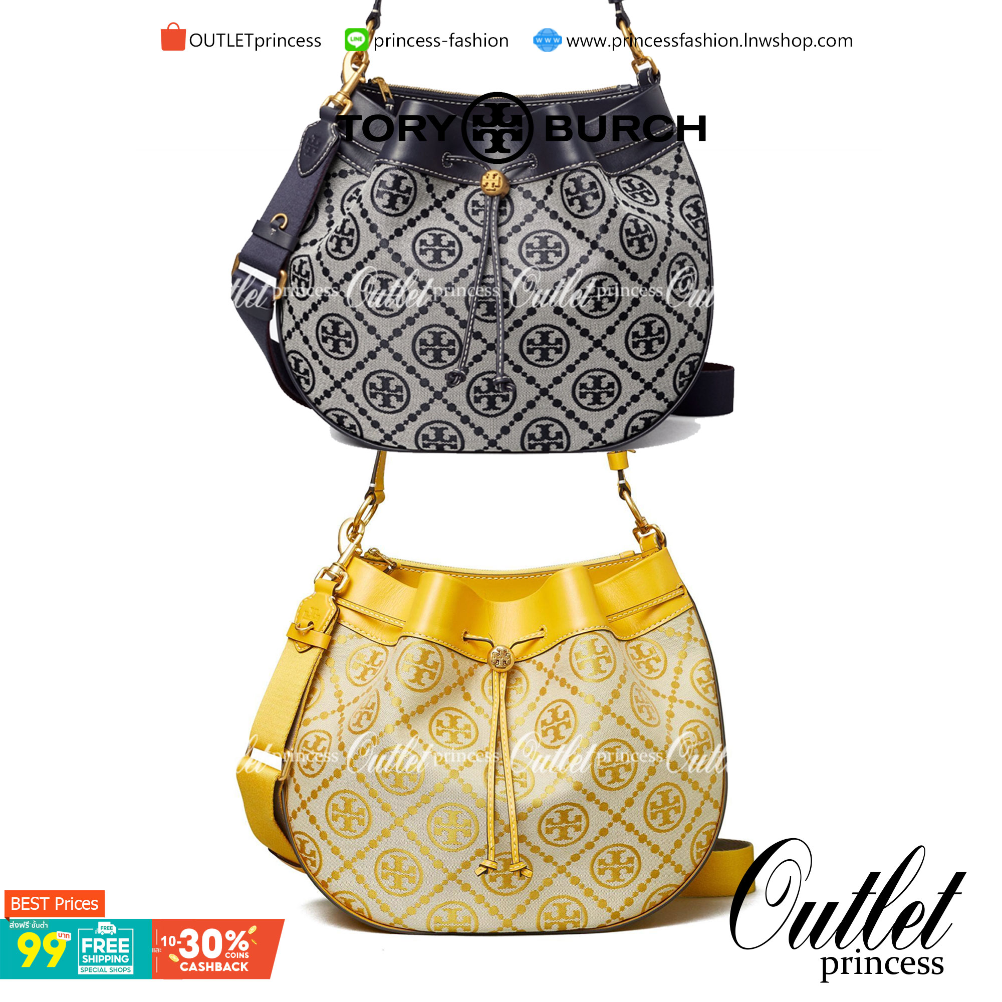 Tory burch t monogram jacquard drawstring hobo New Collection 2021 กระเป๋าถือและสะพายข้าง Monogram จาก tory burch ทำจากผ้าใบ jacquard ตัดด้วยหนังวัวแท้