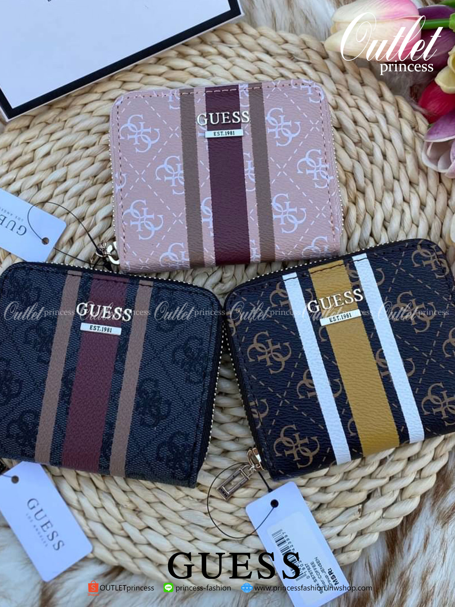 Guess wallet กระเป๋าสตางค์ใบสั้นซิปรอบทั้งใบ หนังลายแบรนด์ทั้งใบด้านหน้าติดโลหะโลโก้แบรนด์ หนังดีงามมาก