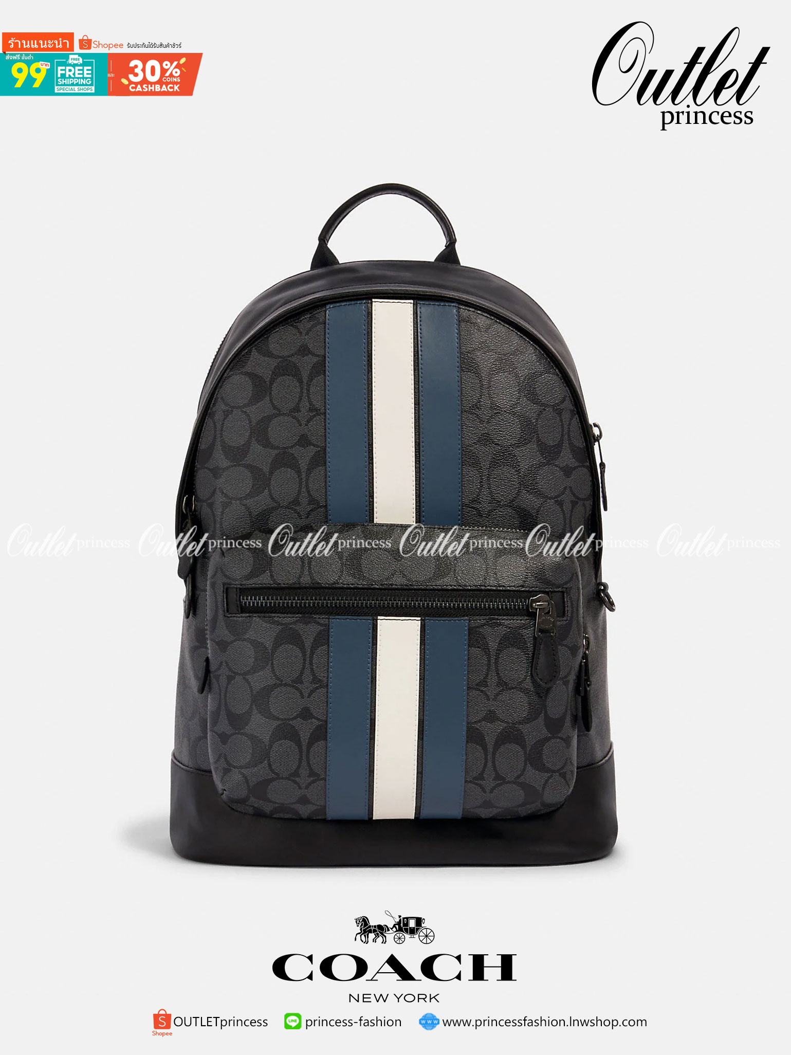 COACH WEST BACKPACK IN SIGNATURE CANVAS WITH VARSITY STRIPE (COACH 3001)😎กระเป๋าเป้ กระเป๋าสะพาย รุ่นหายาก ที่มีมาไม่บ่อย// วัสดุแคนวาส ผสมหนังแท้ หนังนิ่ม ทรงสวย จุของได้เยอะ ลาย SIGNATURE โดดเด่น ดูดีม๊าก!!// มีช่องหลัก แยกเป็น 2 ช่อง สามารถแยกเ