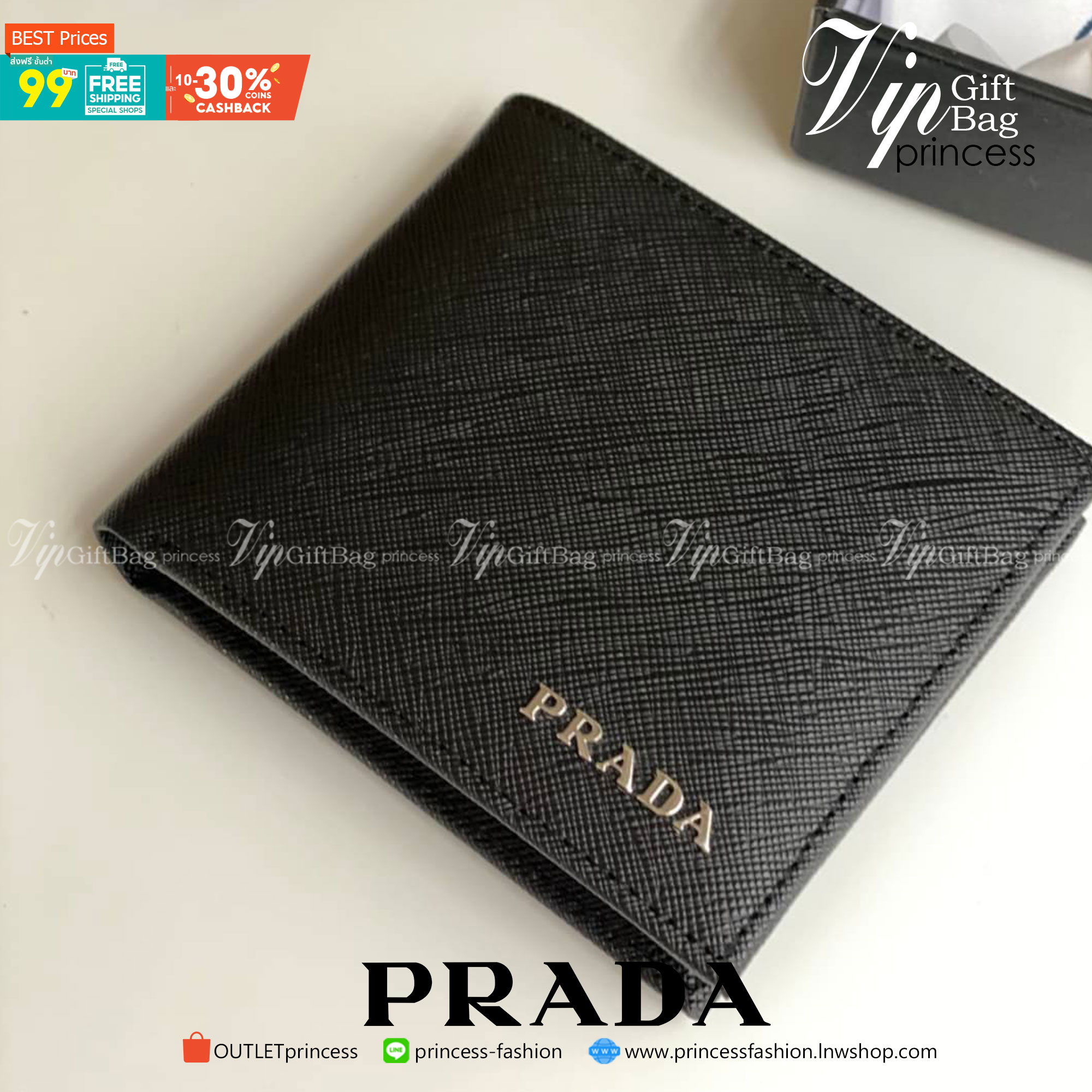พรีเมี่ยมกิ๊ฟแท้ 100% 】PRADA SAFFIANO LEATHER BI-FOLD WALLET IN BLACK กระเป๋าสตางค์ผู้ชายใบสั้น
