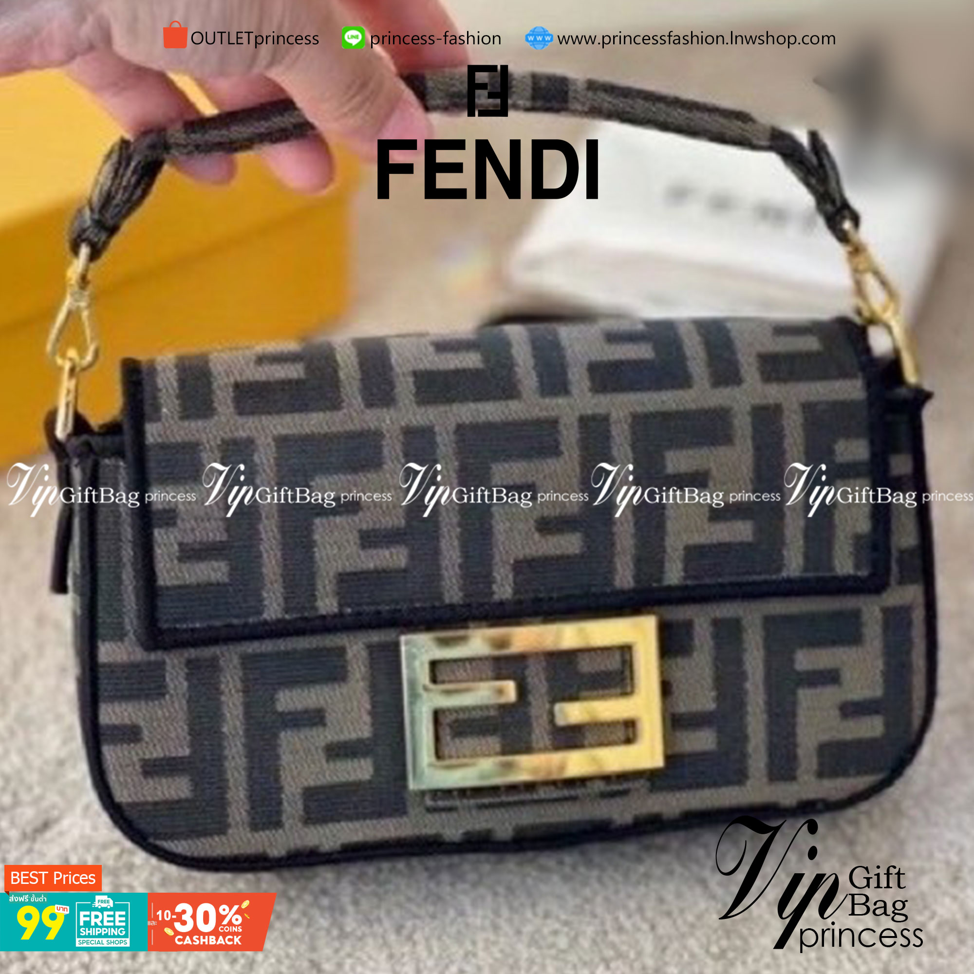 VIP 】FENDI VINTAGE BAGUETTE SHOULDER BAG 2size กระเป๋าสะพายทอลายโมโนแกรม อะไหล่ทองหรูหรา มี 2 ขนาด ทนทาน มาพร้อมสาย 2 แบบ สำหรับคล้องแขน และสายครอสบอดี้ เปิด-ปิดด้วยกระดุมแม่เหล็ก ภายในเป็นช่องโล่ง ใส่โทรศัพท์ พร้อมเสิร์ฟความสวยให้ถึงบ้านจ้า วัสดุผ้าทอลาย