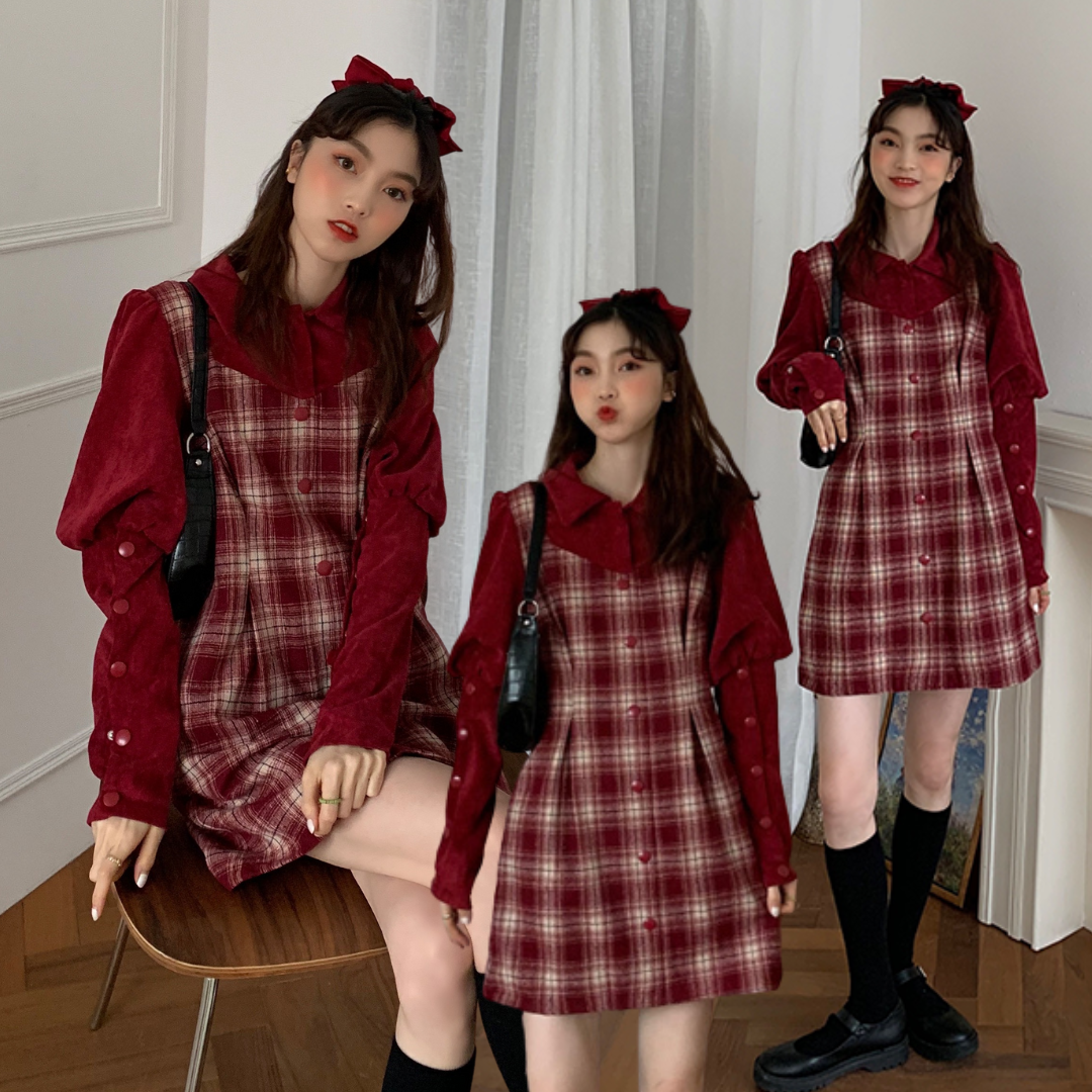 พร้อมส่ง 🍒⛱ Maricha dress เดรสสั้นแขนยาวลายสก๊อตสีแดง (IN38309)