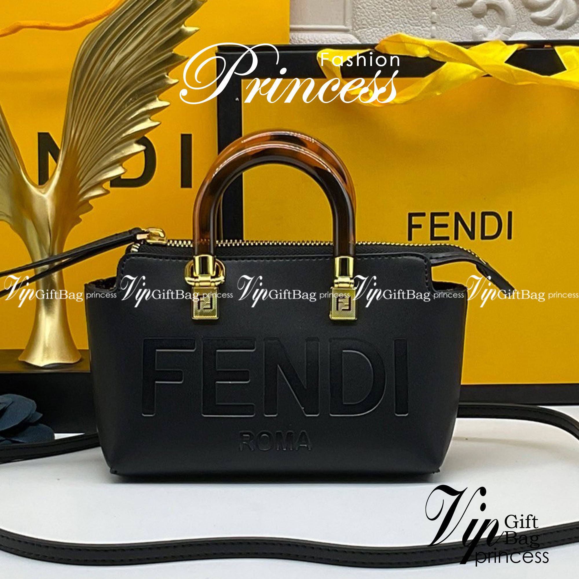 FENDI By The Way Mini Bag พร้อมส่งที่ไทย ภาพถ่ายจากงานขายจริง Iconic mini By The Way Boston bag made FENDI ROMA lettering and rigid tortoiseshell-effect plexiglass handles.