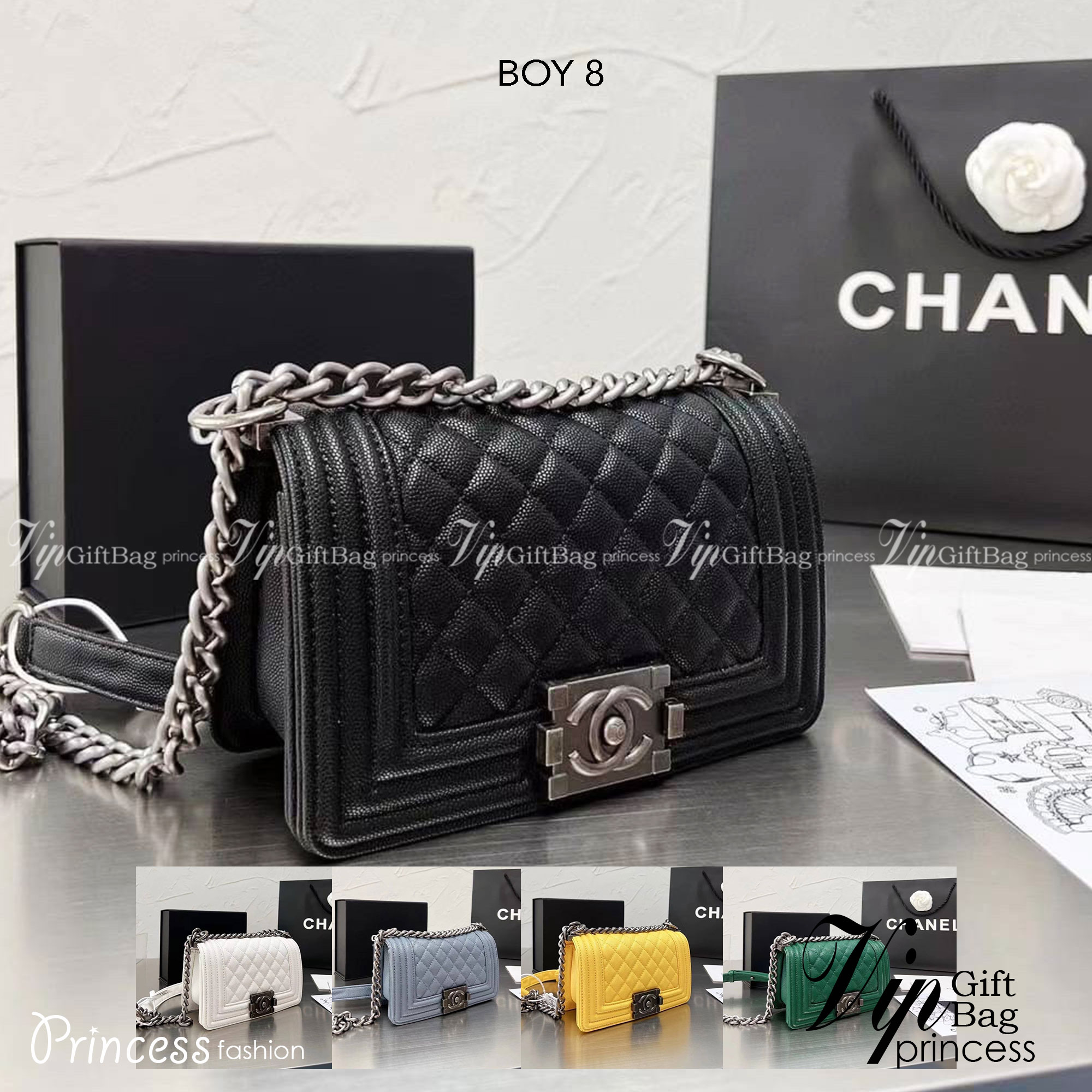 CHANEL BOY 8" กระเป๋าสะพายทรงคลาสสิค มีงานหนังเรียบ และหนังคาเวียร์ อะไหล่เงิน/ทอง ตามรูป สวยหรูมาแต่ไกล สามารถสะพายออกงานได้หลายโอกาส สวยงามไม่ผิดหวังค่ะ