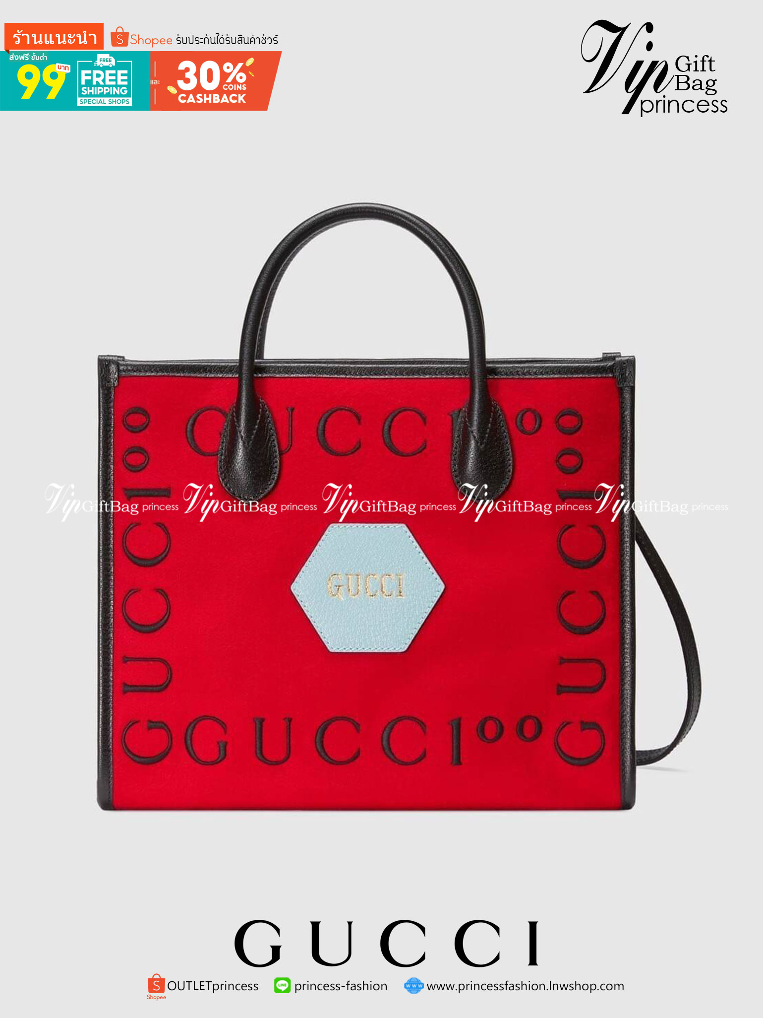 VIP 】Gucci 100 small tote bag Hibiscus red felt with Gucc100 print Black leather พร้อมส่งที่ไทย