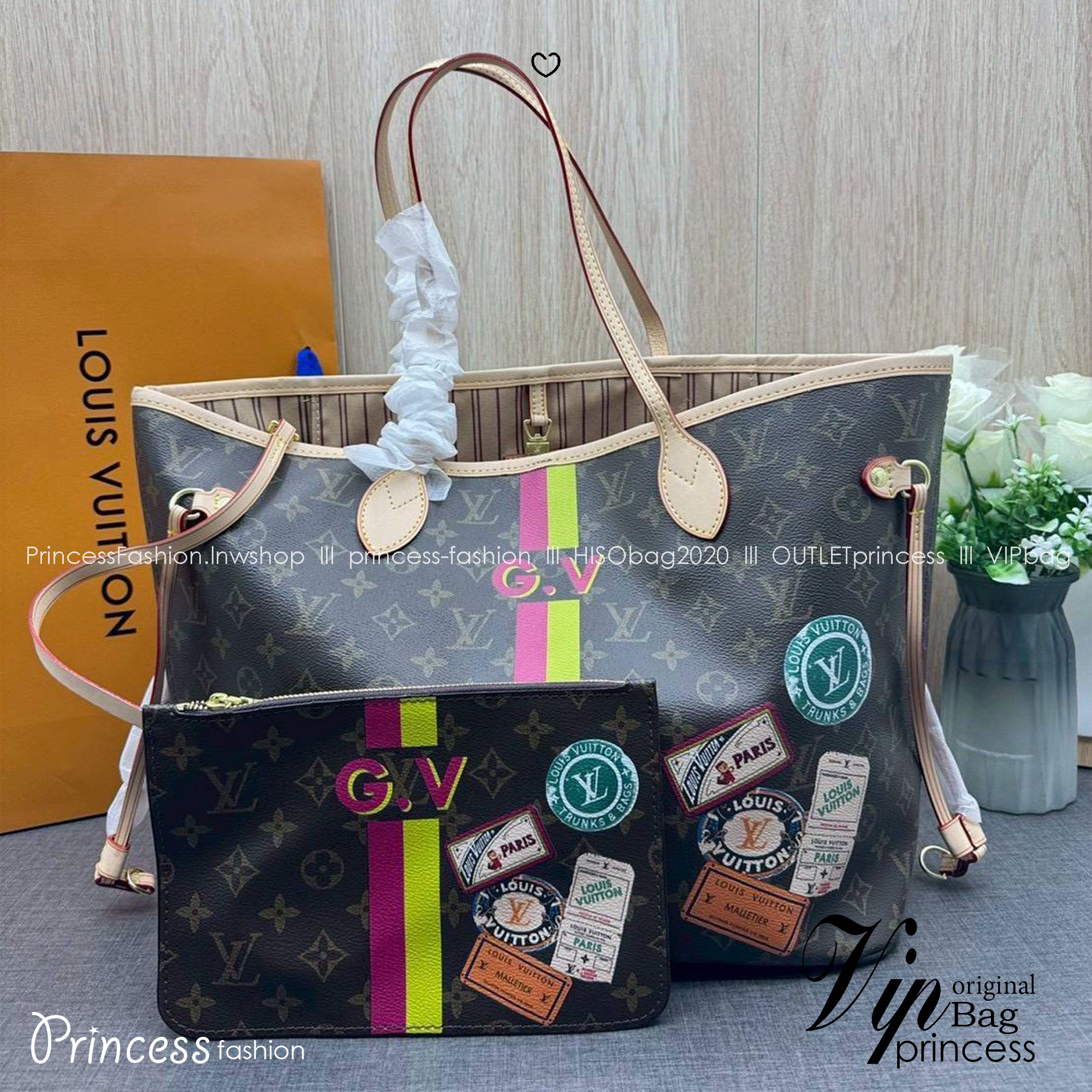 ORI หนังแท้ | LV Neverfull MM Mon Monogram Meridian / LV Tote Bag กระเป๋าสะพายทรงโท้ทใบใหญ่ ลายทางคาดหน้าสไตน์ท่องเที่ยว