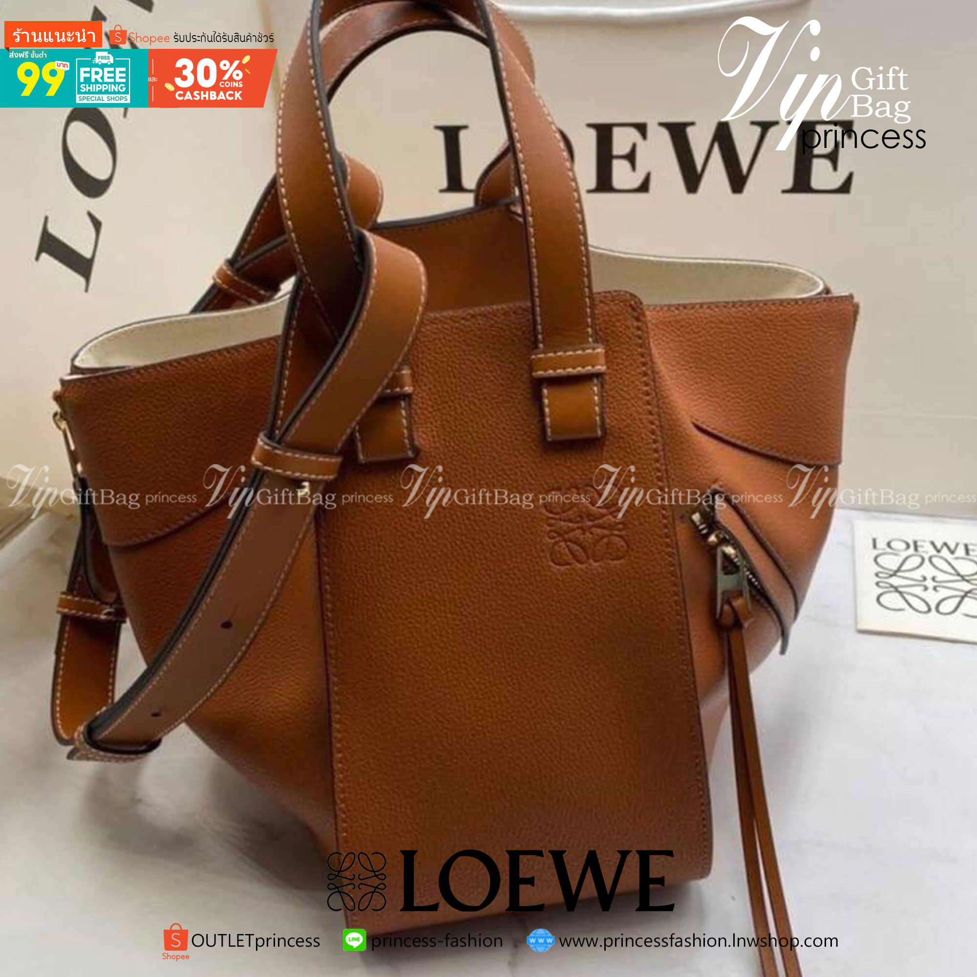 พรีเมี่ยมกิ๊ฟแท้ 100% 】งานหนังแท้ Loewe Hammock Leather Hobo Bag TAN