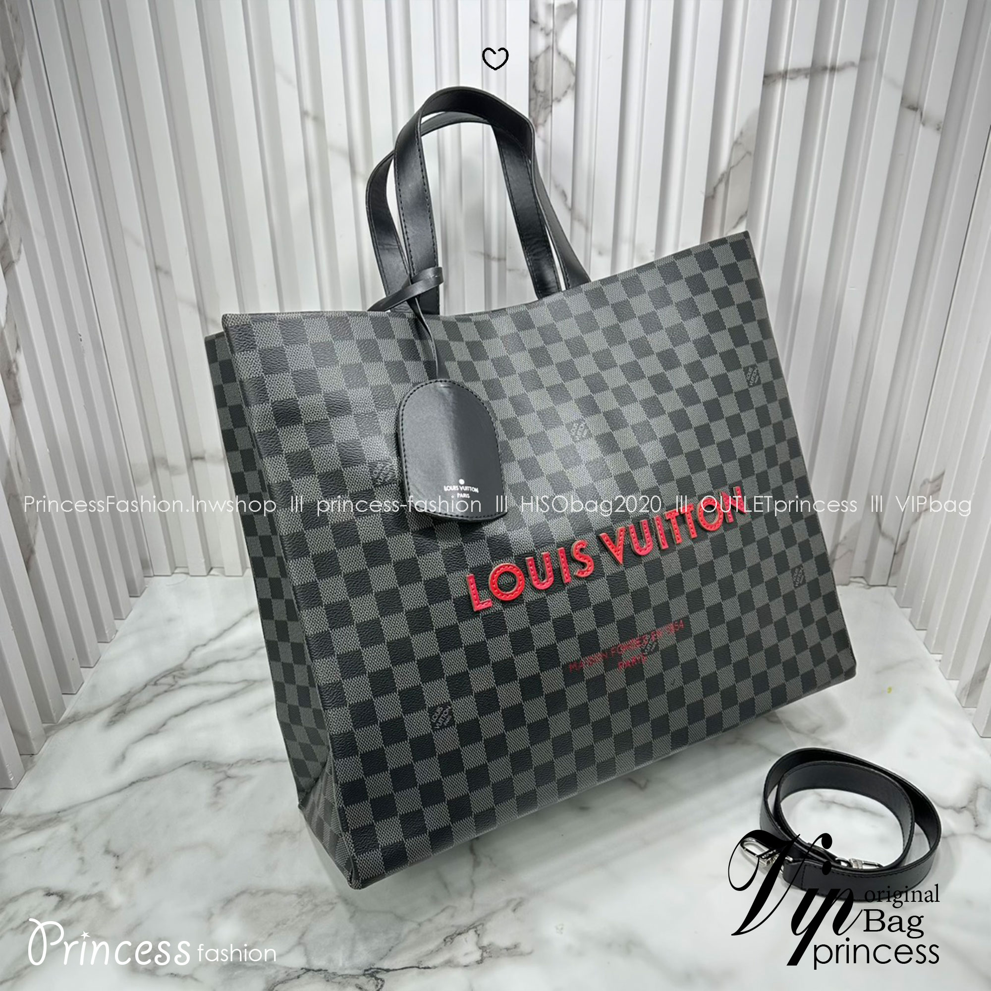 ORI หนังแท้ | LV Shopper Tote MM bag / Damier Black กระเป๋าทรงโท้ทใบใหญ่ แต่งลายตัวอักษรแบบลายมือเต็มใบ