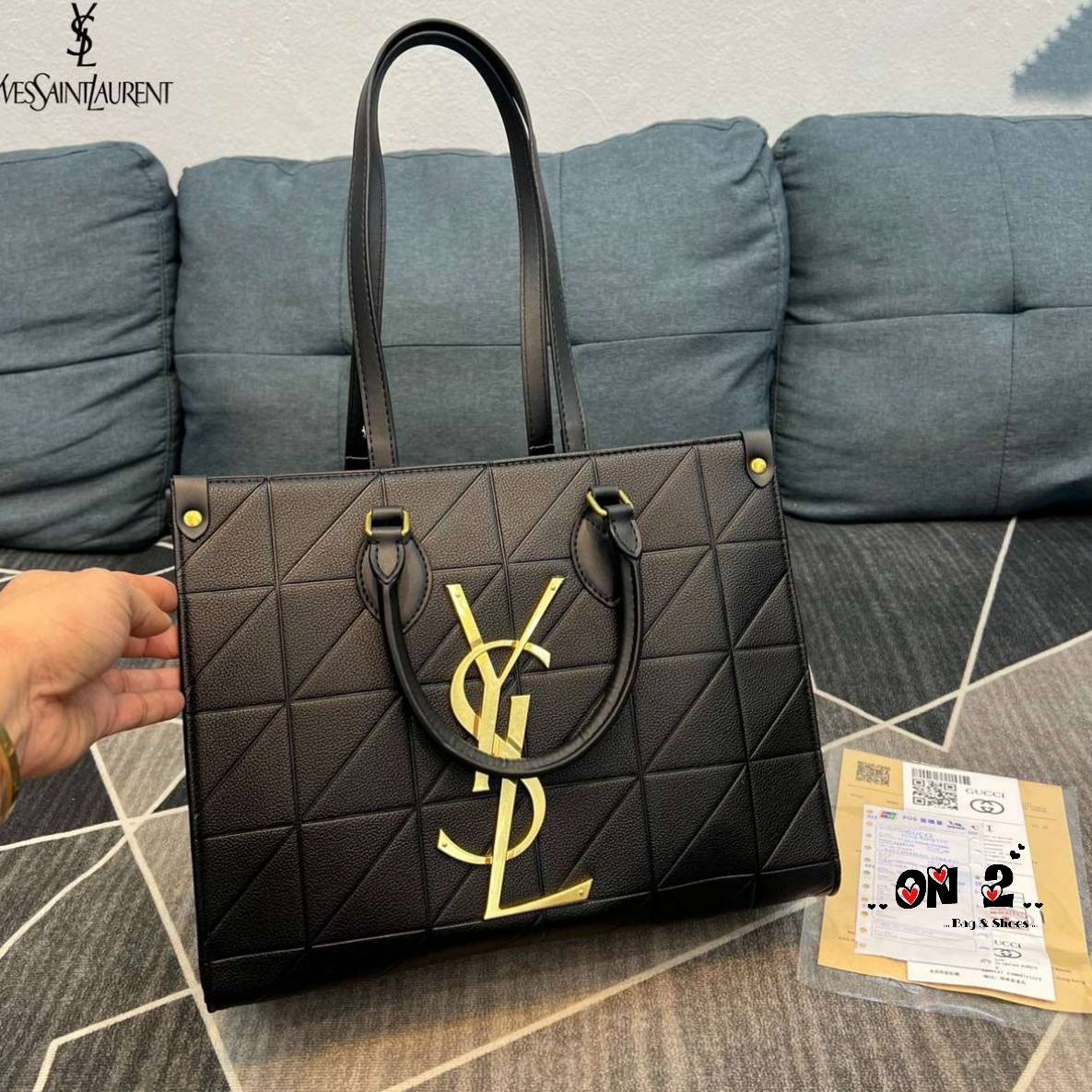 YSL Shopping Bag / YSL TOTE BAG กระเป๋าถือทรงช็อปปิ้งงานสวยอยู่ทรง หนังลายตารางหน้าโลโก้โดดเด่นอะไหล่สีทองสวยหรู