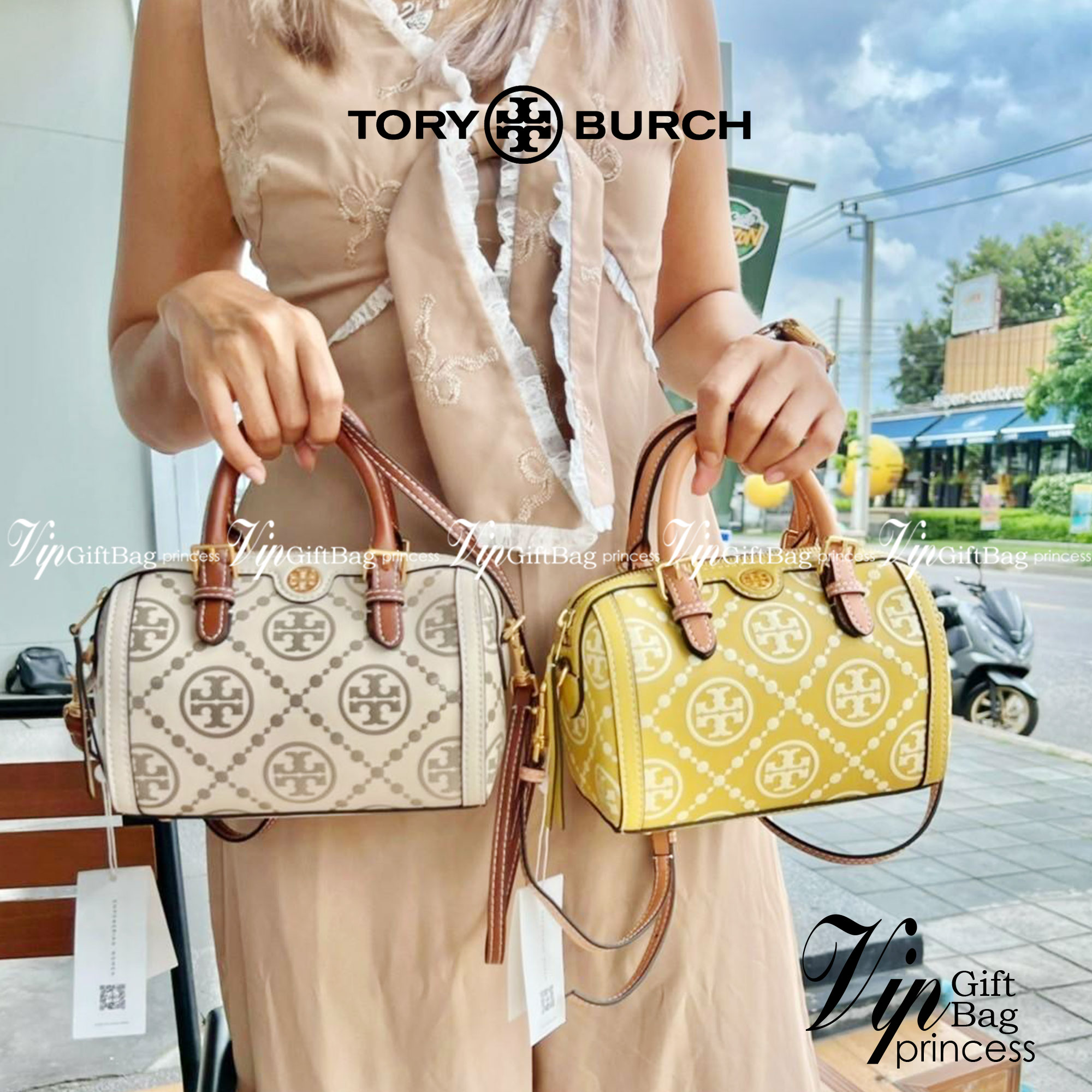 Tory Burch T-Monogram Mini Embossed Wine Bucket Bag / Tory Burch Mini Bucket กระเป๋าถือหรือสะพายไหล่ ทรงหมอนขนาดเล็ก ประดับด้วยลวดลายอันเป็นสัญลักษณ์ของแบรนด์ ถูกประดิษขึ้นด้วยความพิถีพิถันวัสดุหนังอย่างดี ด้านในบุด้วยหนังไมโครซูแอคเนื้อนุ่มทำความสะอาดง่า