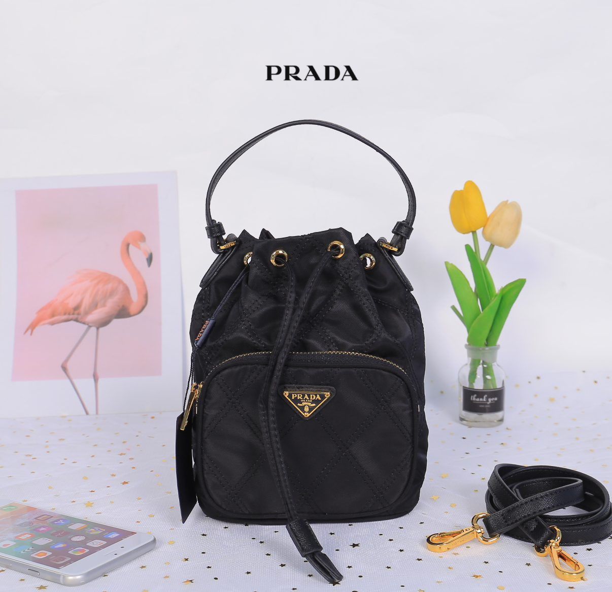 PRADA DRAWSTRING BAG WITH STRAP / PRADA BUCKET BAG / Prada Nylon Handbag and Crossbody bag กระเป๋าสะพายทรงจีบ วัสดุ Nylon ลายตาราง คุณภาพดี ขนาดกำลังดี