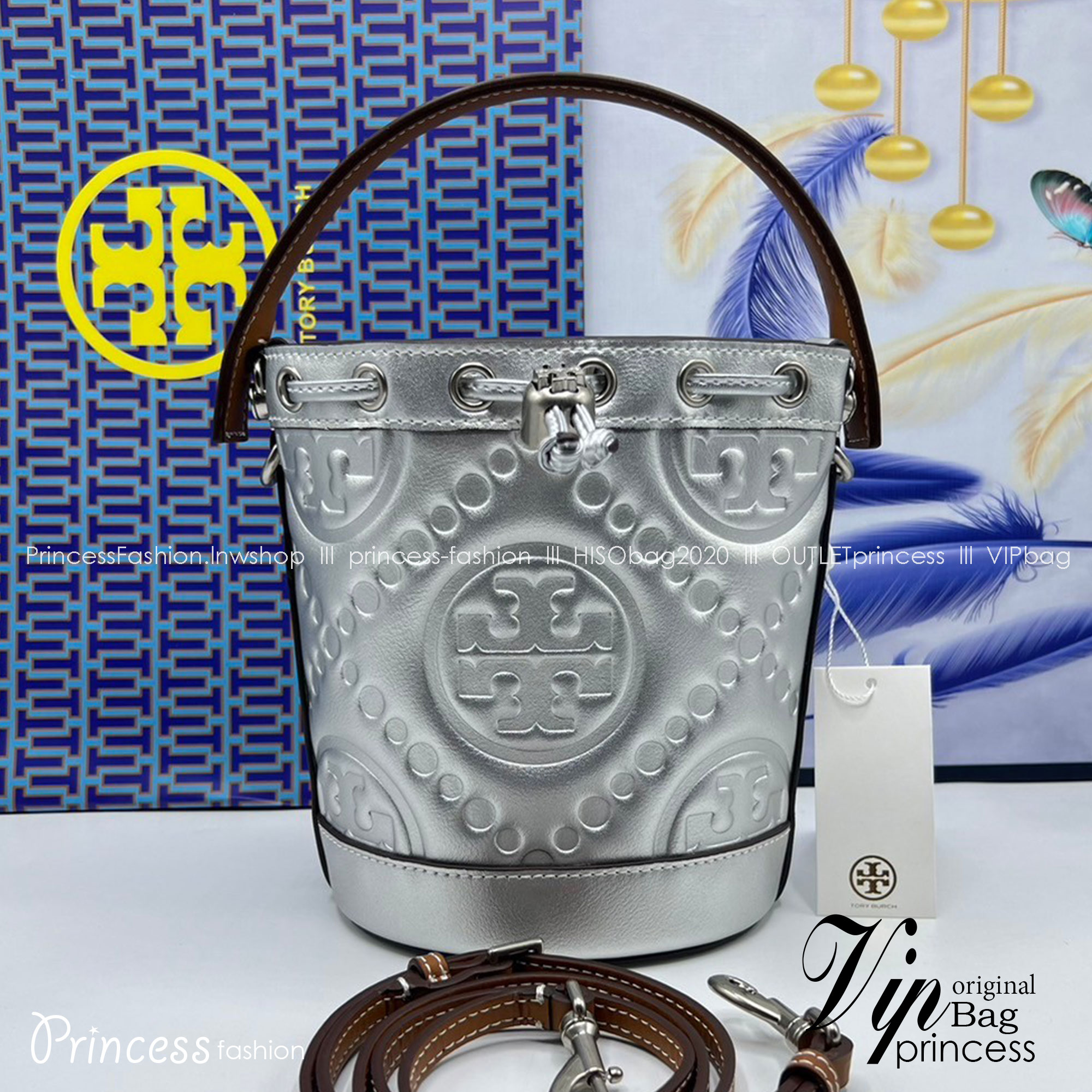 6 สี Tory Burch Puffy Mini / Tory burch T Monogram Puffy Patent Mini Bucket Bag / Tory Bucket Bag กระเป๋าบัคเกต size เล็ก โดดเด่นด้วยโลโก้ตัวนูนปั๊มด้านหน้า