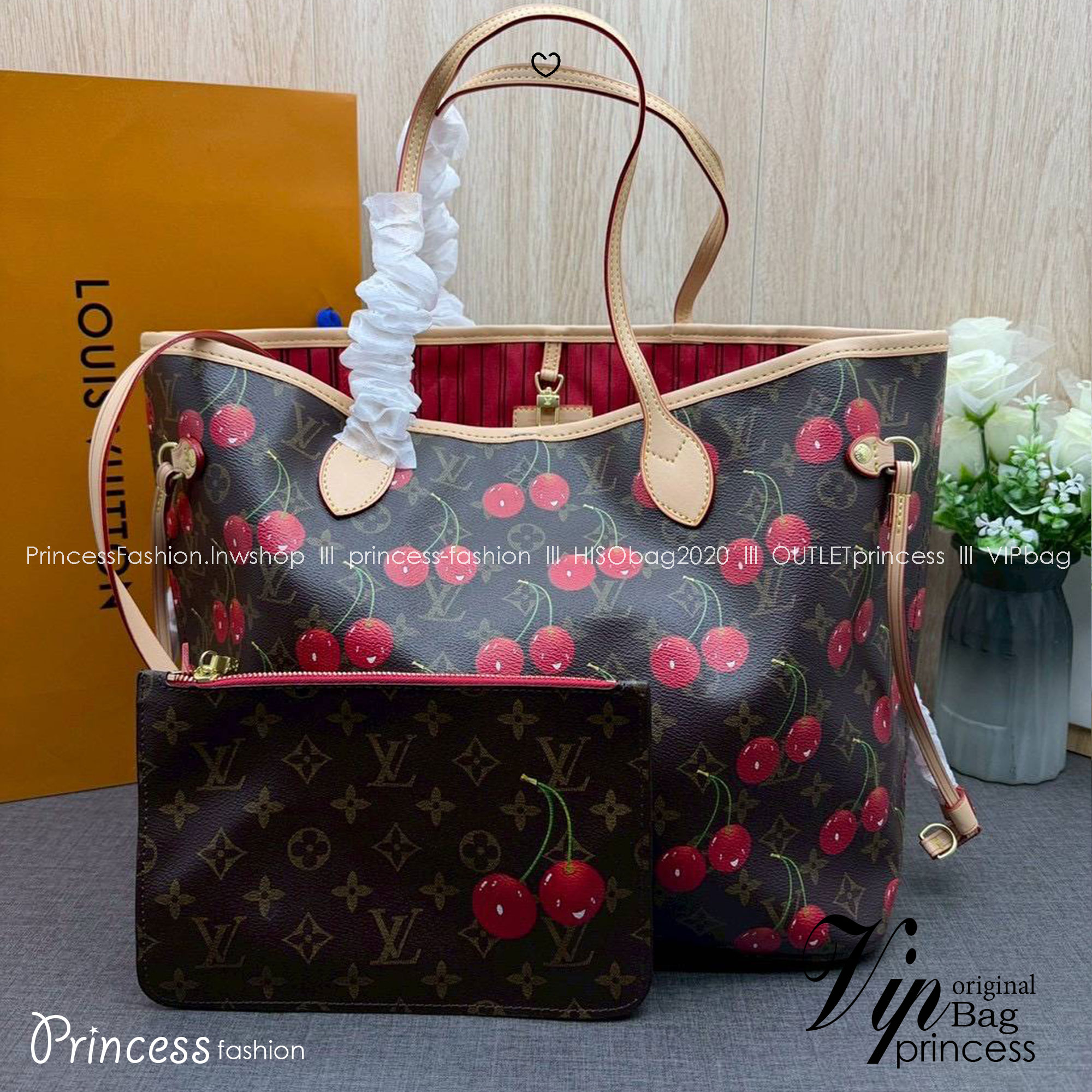 ORI หนังแท้ | LV x TM - Neverfull MM Bag Monogram cherry canvas / LV Tote Bag กระเป๋าสะพายทรงโท้ทใบใหญ่ ลายเชอรี่น่ารักสดใส