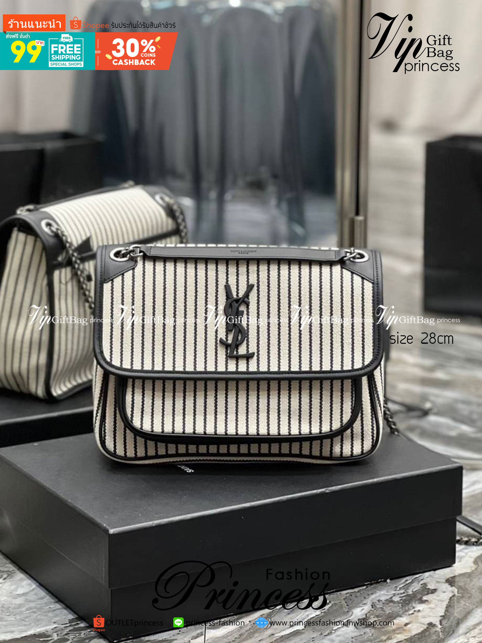 YSL Niki Medium Striped Canvas Shoulder Bag / YSL Niki Striped / YSL NIKI MEDIUM CHAIN BAG IN CANVAS เกรดเทพ ออริจินอล งานหนังแท้และผ้าแคนวาสอย่างดี ภาพถ่ายจากงานขายจริง ใช้งานต่างประเทศได้