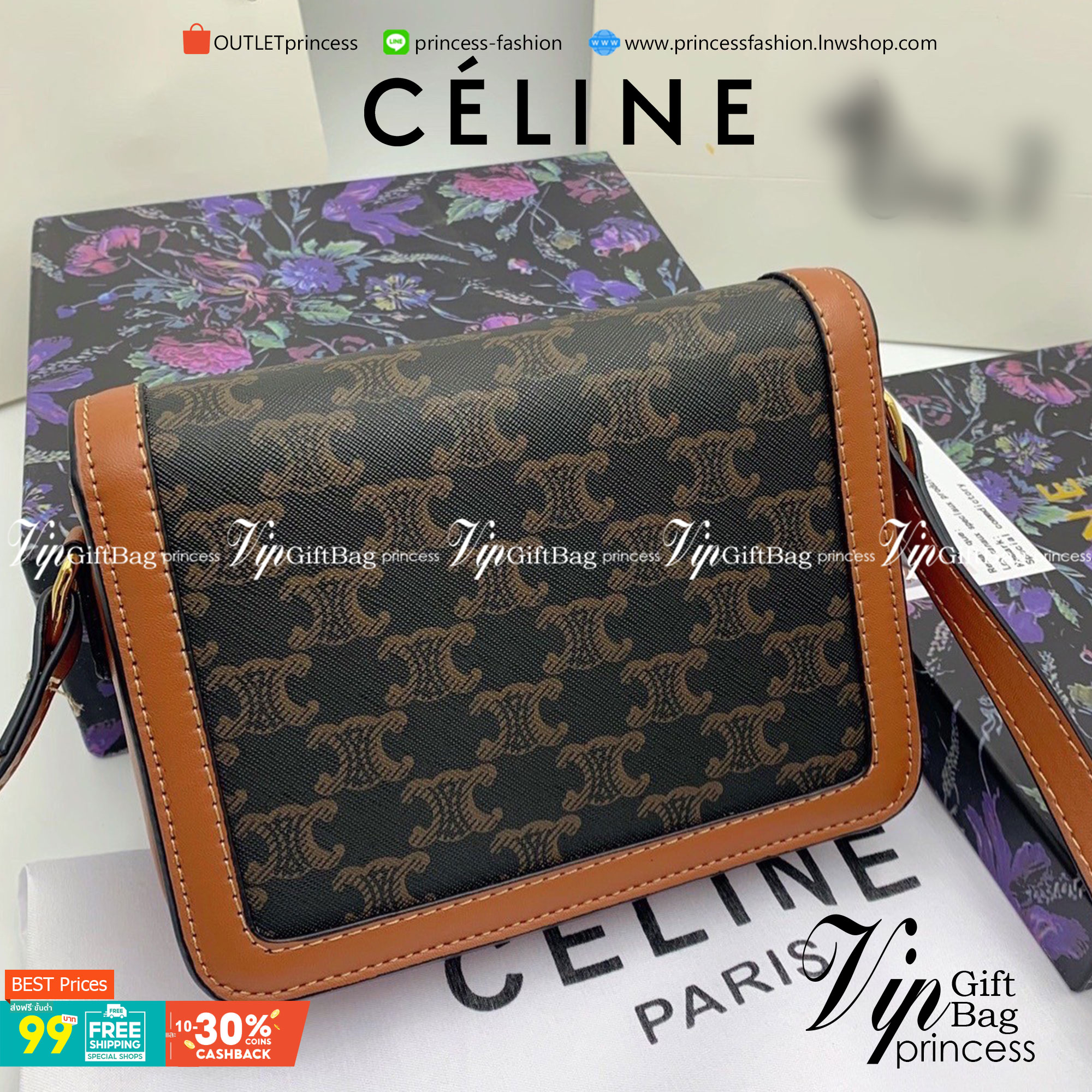 VIP 】𝗖𝗘𝗟𝗜𝗡𝗘 CROSSBODY VIP GIFT MEDIUM/TEEN TRIOMPHE BAG IN TRIOMPHE CANVAS AND CALFSKIN มี 2 ขนาด งานสวยอยู่ทรงเปิดปิดด้วยตัวล้อคด้านหน้า ภายในมีช่องใส่ของหลัก พร้อมช่องซิป ใส่กระเป๋าสตางค์กลาง + มือถือได้ ท