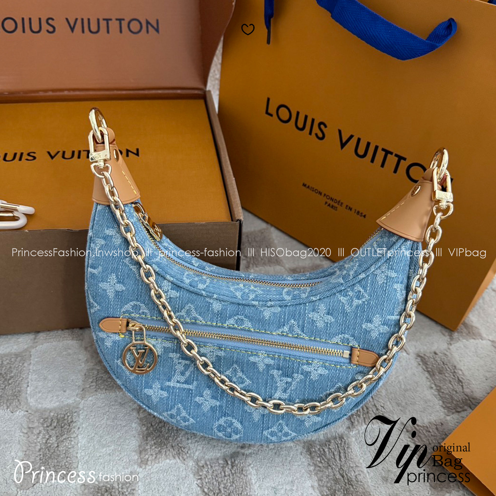 LV Loop Other Monogram Canvas Sky Blue Denim กระเป๋าสะพายทรงโฮโบเดนิม รูปทรงพระจันทร์ครึ่งเสี้ยว เกรดออริ 1:1 ใช้งานต่างประเทศได้