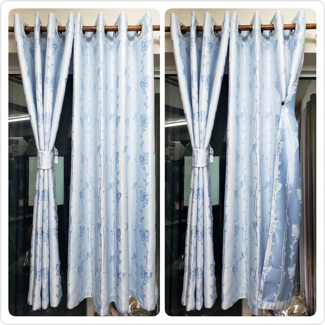 ม่านก.130*ส.143ซม./ผืน ลายผีเสื้อ สีฟ้า