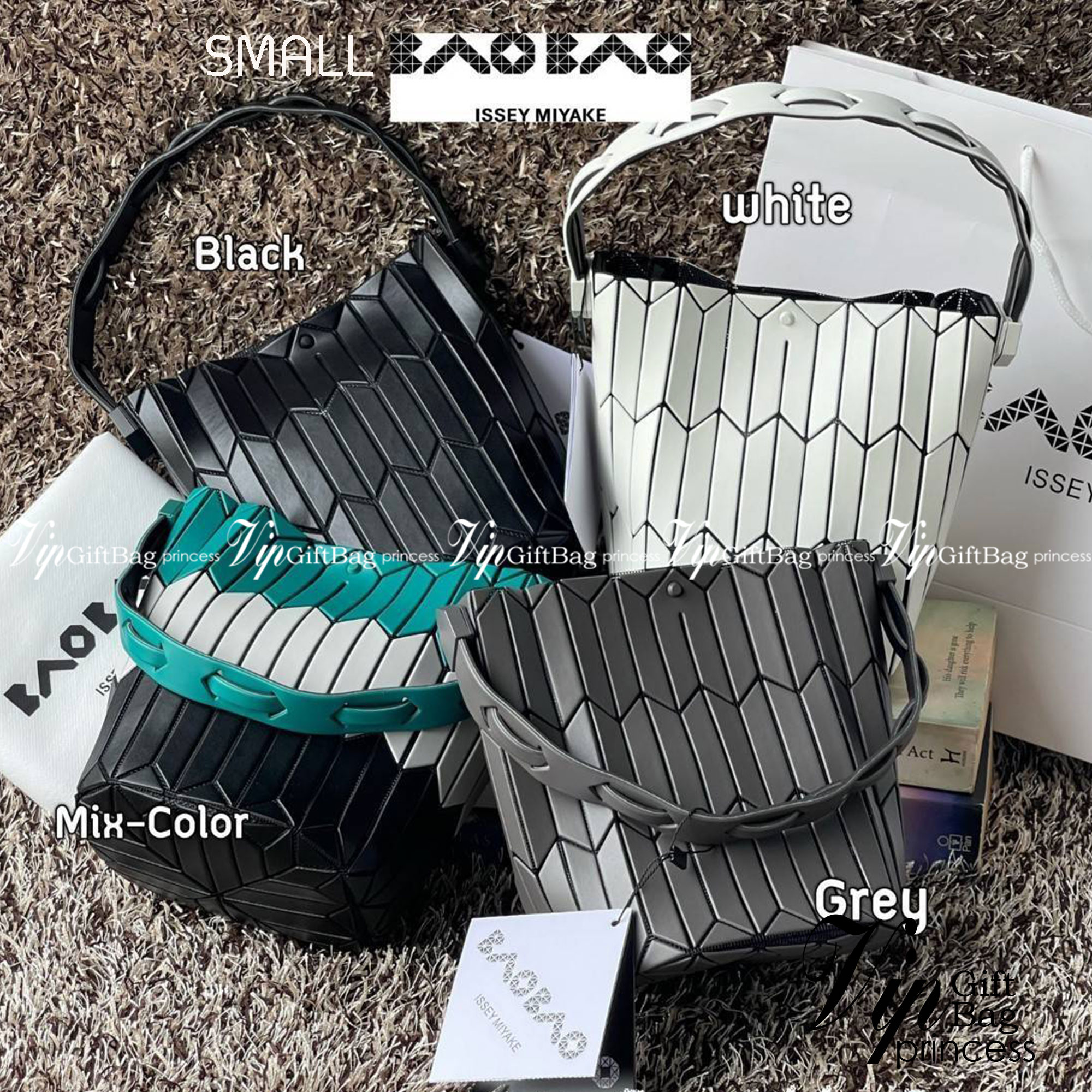 Small : BAO BAO ISSEY MIYAKE SMALL BUCKET เป็นกระเป๋าบัคเก็ตขนาดเล็กสามารถใช้ใส่กระเป๋าสตางค์และโทรศัพท์มือถือได้ ซีรีย์ใหม่นี้มีจุดเด่นที่แผ่นรูปทรงสี่เหลี่ยมด้านขนานในแนวตั้ง เกิดเป็นรูปทรงสามมิติซึ่งแตกต่างไปจากรูปทรงที่เกิดขึ้นจากแผ่นสามเหลี่ยม หูหิ้ว