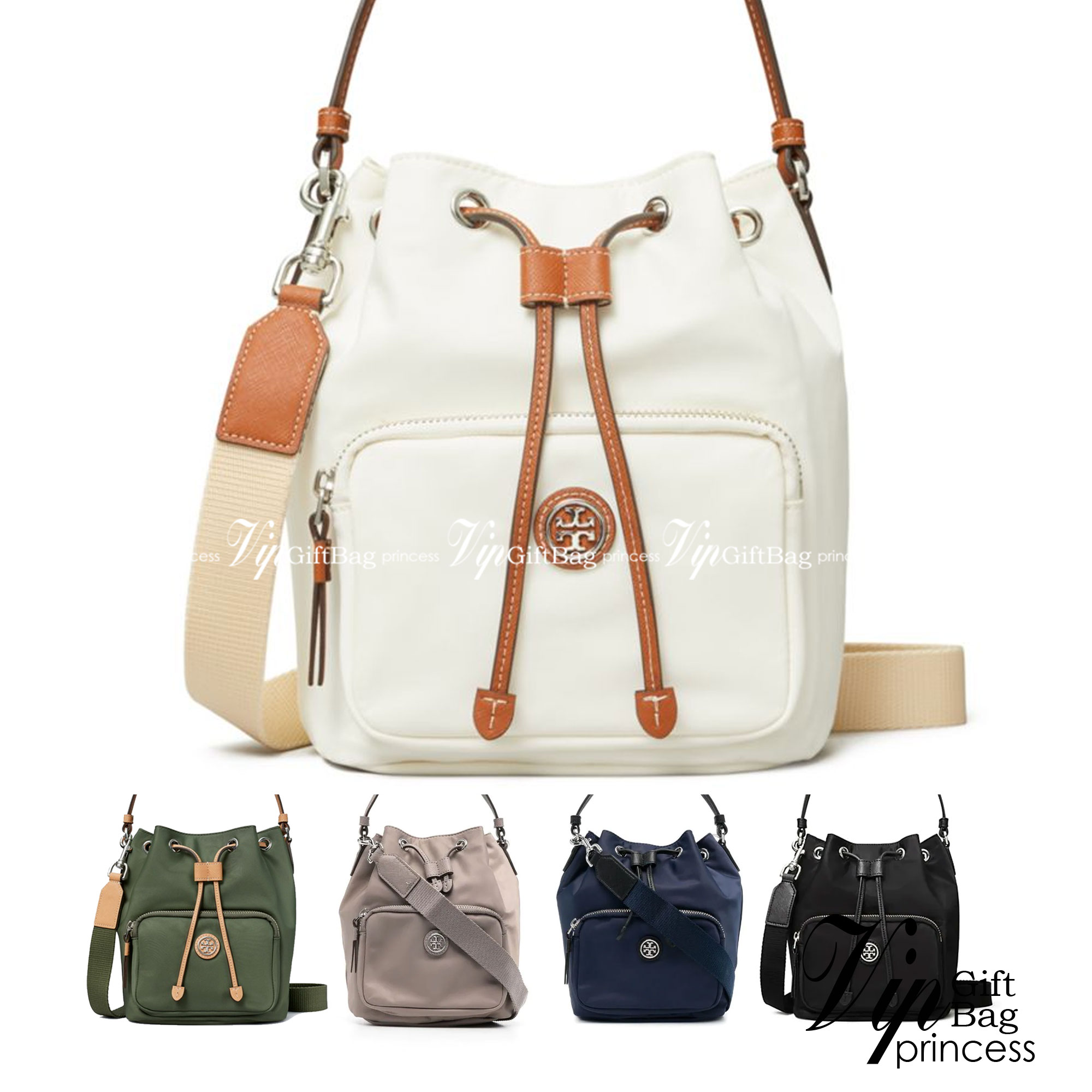 Tory Burch Virginia Nylon Bucket Bag / Tory Burch logo-plaque bucket bag กระเป๋าสะพายทรงบัคเก็ต เปิด-ปิดหนังรูดปากกระเป๋า มีหูหิ้วในตัว คล้องแขนเก๋ๆ ภายในเป็นช่องโล่ง มีช่องย่อย ใส่ของสำคัญจุกจิกได้ มีสายครอส จะสะพายไปไหนก็ได้ทุกโอกาส สวยเลิศทุกสี พร้อมส่