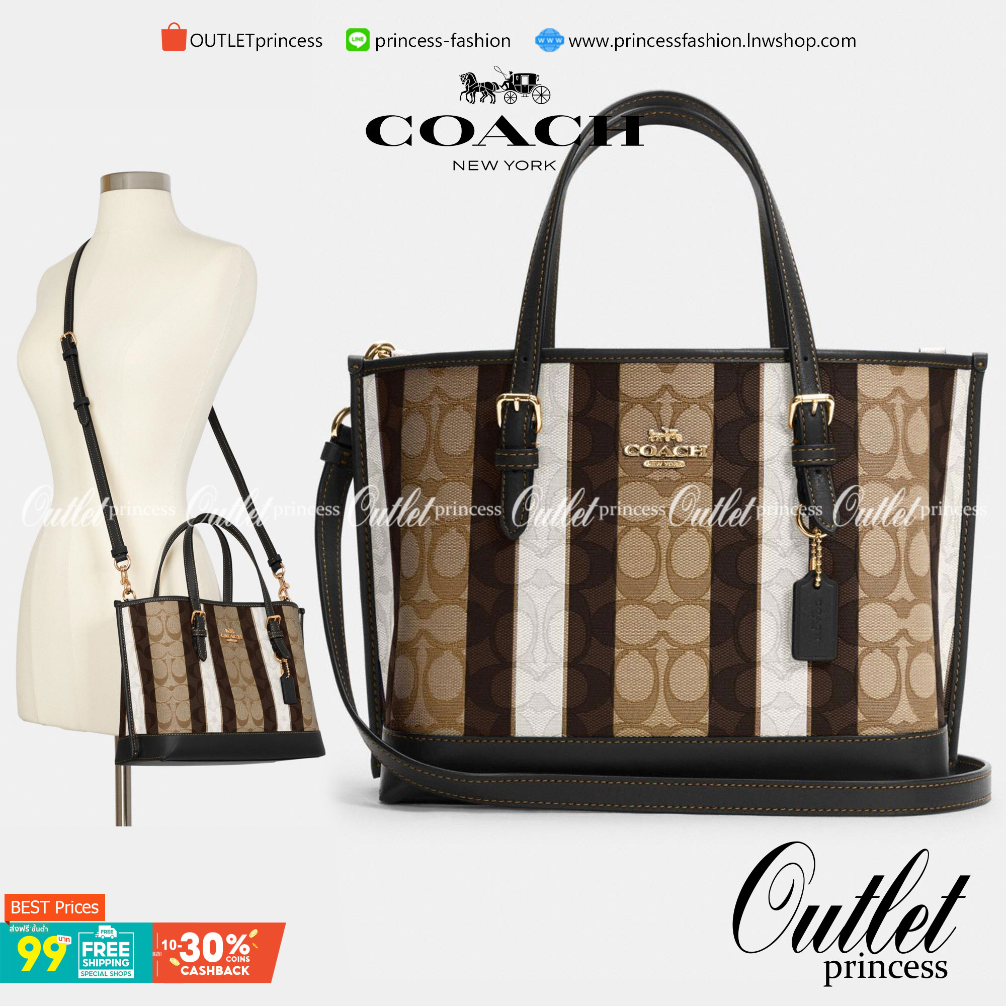 Coach Mollie Tote 25 In Signature Jacquard With Stripes กระเป๋าสะพายใหม่ล่าสุดจาก Coach Factory วัสดุ Canvas & Calfskin ดีไซน์ Casual เทคเจอร์สวยอยู่ทรงด้านหน้าประดับโลโก้แบรนด์ ภายในมีช่องแบ่งแยกเป็นสัดส่วน มีช่องซิปกลาง ใส่มือถือ กระเป๋าสตางค์ยาว ของใช้