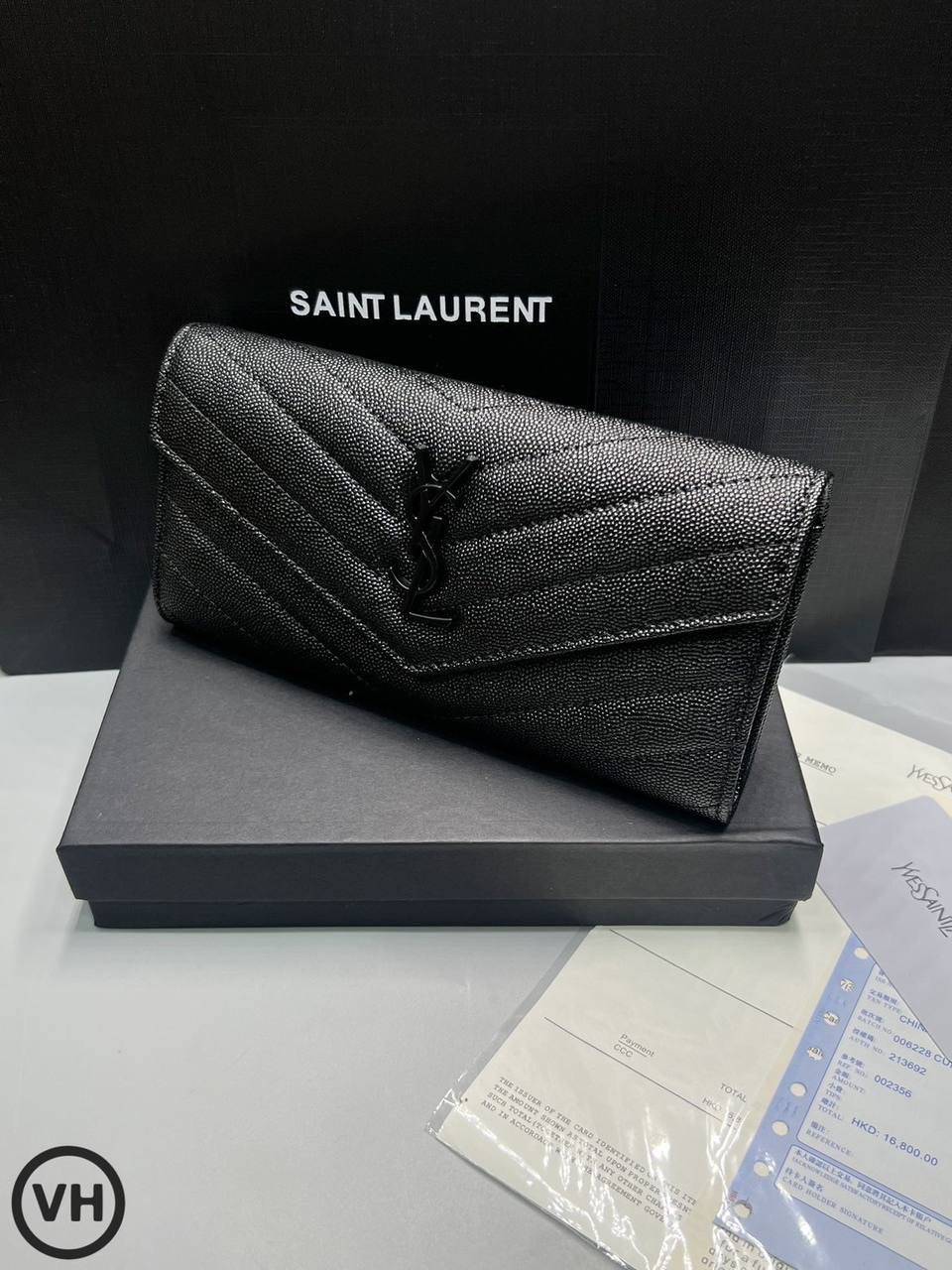 ORI หนังแท้ | YSL CASSANDRE MATELASSE large flap wallet / YSL Long Wallet กระเป๋าสตางค์ใบยาวแบบมีฝาปิดกระดุมแป๊ก