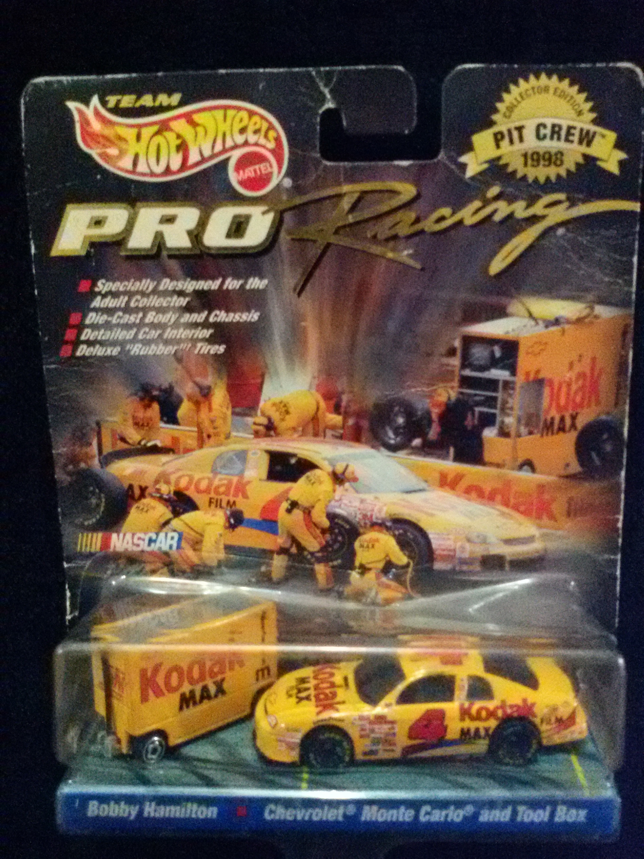 รถเหล็ก 1998 Hot Wheels Pro Racing Pit Crew Sterling Marlin #4 Kodak Die Cast Car w/Tool Box