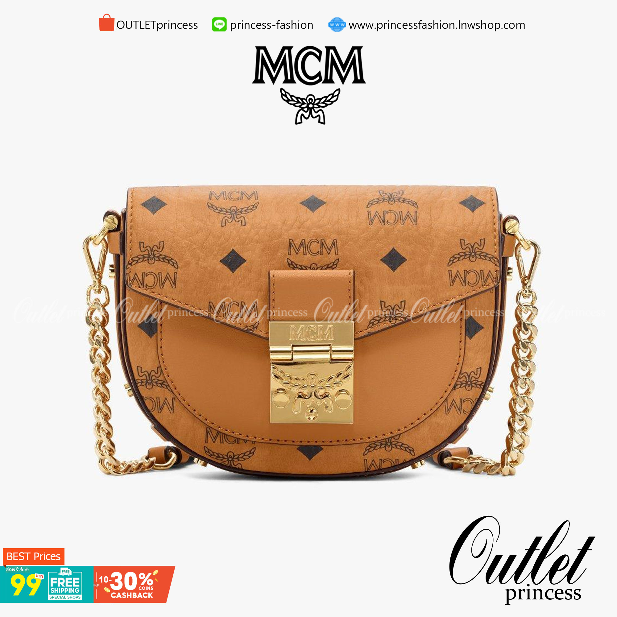 M.C.M MINI PATRICIA CROSSBODY IN VISETOS กระเป๋าสะพายไซส์มินิ แรงดีไม่มีตกน้า คอลเลคชั่นนี้ดีไซน์แปลกใหม่ ทรงโค้งมน สวยหรู ด้านข้างตกแต่งหมุดทองรอบใบ วัสดุตัวกระเป๋าเป็นหนังแคนวาสคุณภาพดี ภายในเป็นหนังกลับสีส้มโดดเด่นเป็นเอกลักษณ์ มีช่องใส่บัตรแยกให้ เปิด