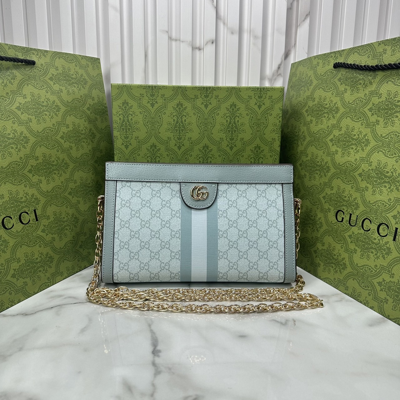 GUCCI Ophidia GG small shoulder bag Supreme Love Parade กระเป๋าสะพายทรงพอช สีใหม่พาสเทลสวหวานพร้อมสายโซ่สีทองหรูหรา