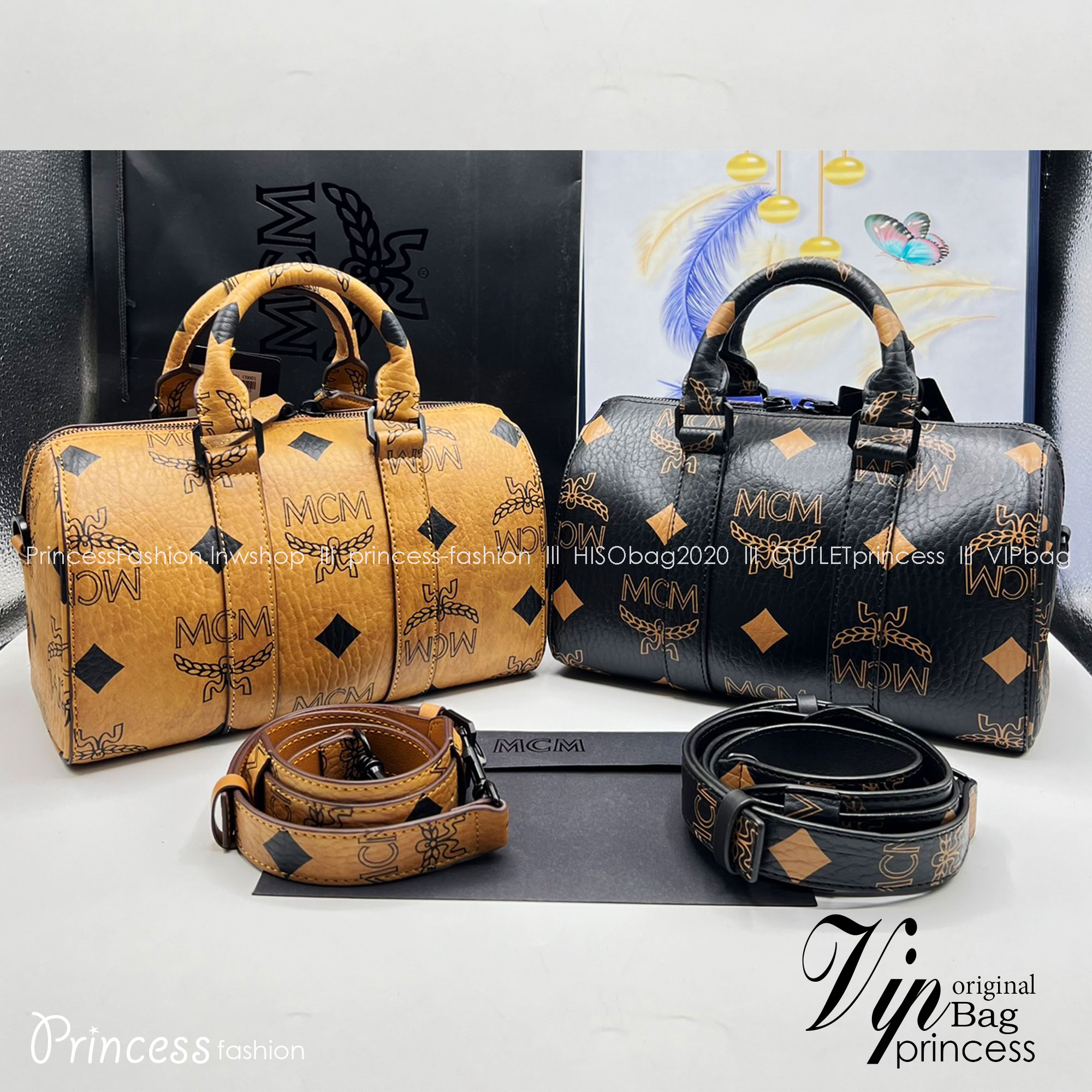 M.C.M Aren Boston Bag in Maxi Visetos with nappa leather trim กระเป๋าสะพายข้างบอสตัน คอลเลคชั่นสุดฮอต ดีไซน์โลโก้ใหม่ เกรดออริ สลับแท้ 1:1 ใช้งานต่างประเทศได้