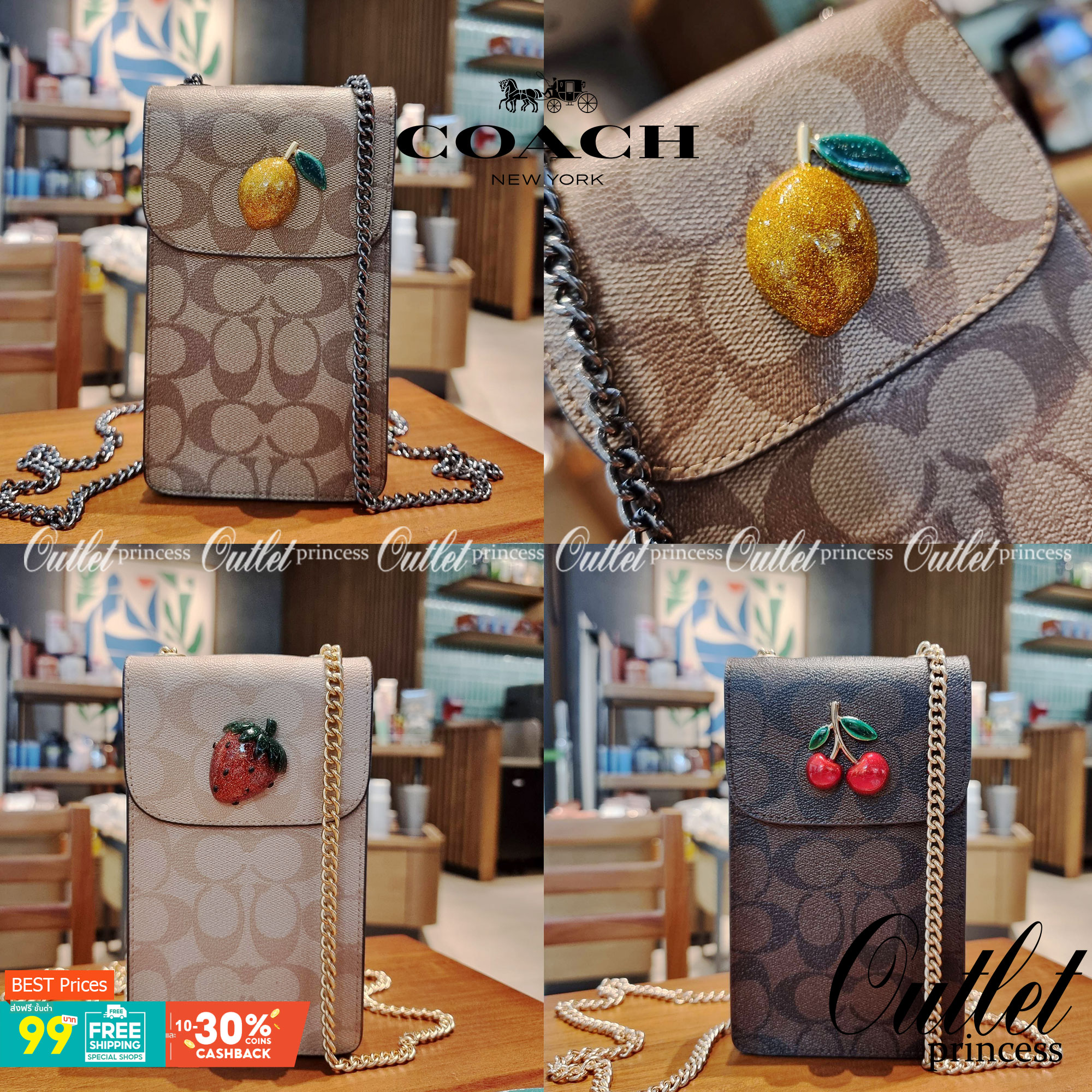 COACH F73486 NORTH/SOUTH PHONE CROSSBODY IN SIGNATURE CANVAS WITH FRUIT 🍒🍓🍋 แจกความสดใสกันอีกครั้ง!! กับกระเป๋าสะพายเอนกประสงค์ Case phone ใส่โทรศัพท์มือถือได้ทุกรุ่น ดีไซน์ลายผลไม้ฉ่ำๆ สวยมีเสน่ห์ 💖 วัสดุหนังแคนวาสคุณภาพ ฝ