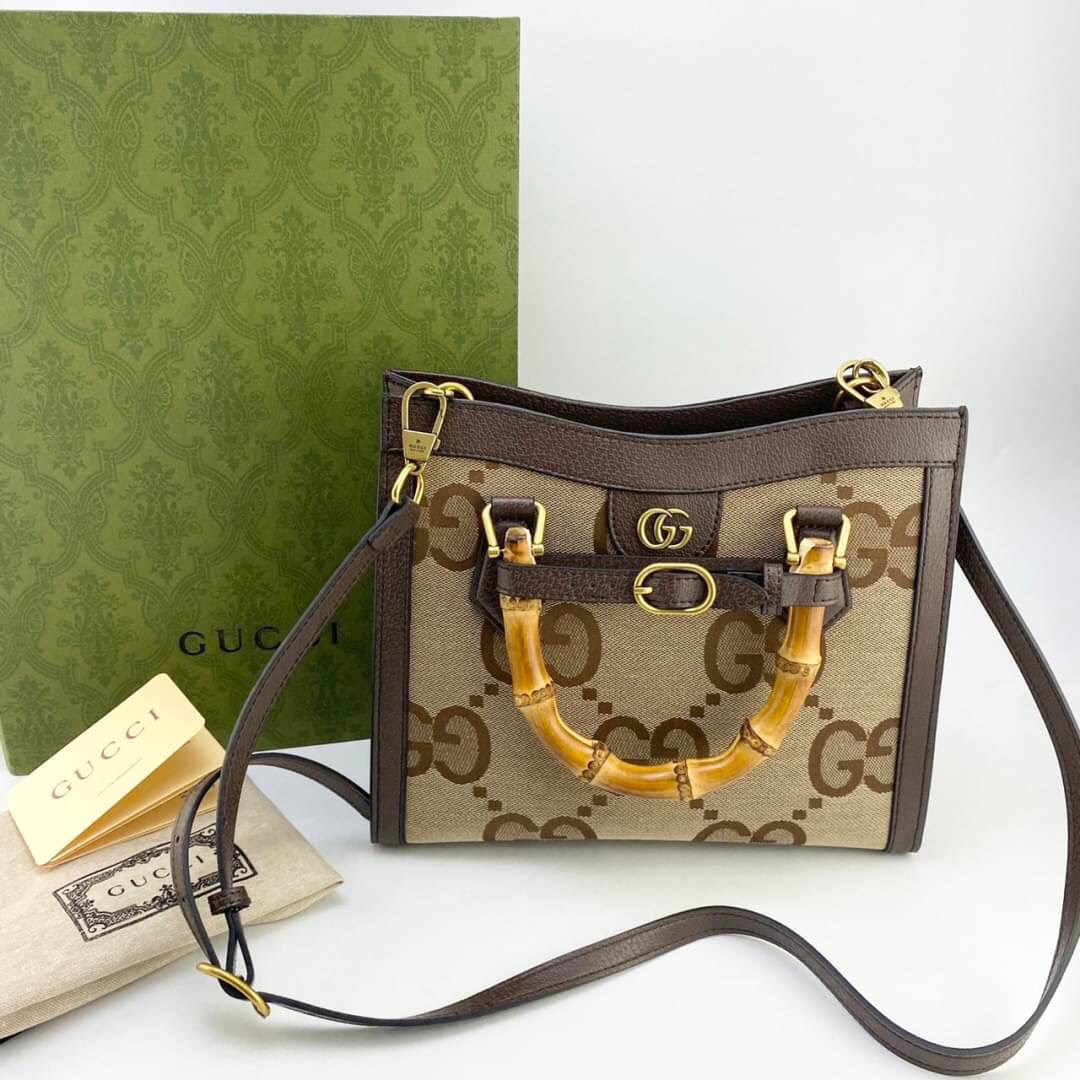 หนังแท้ Gucci Diana jumbo GG tote bag (mini/small) พร้อมส่งที่ไทย Brown Camel and ebony jumbo GG canvas ภาพถ่ายจากสินค้าจริง