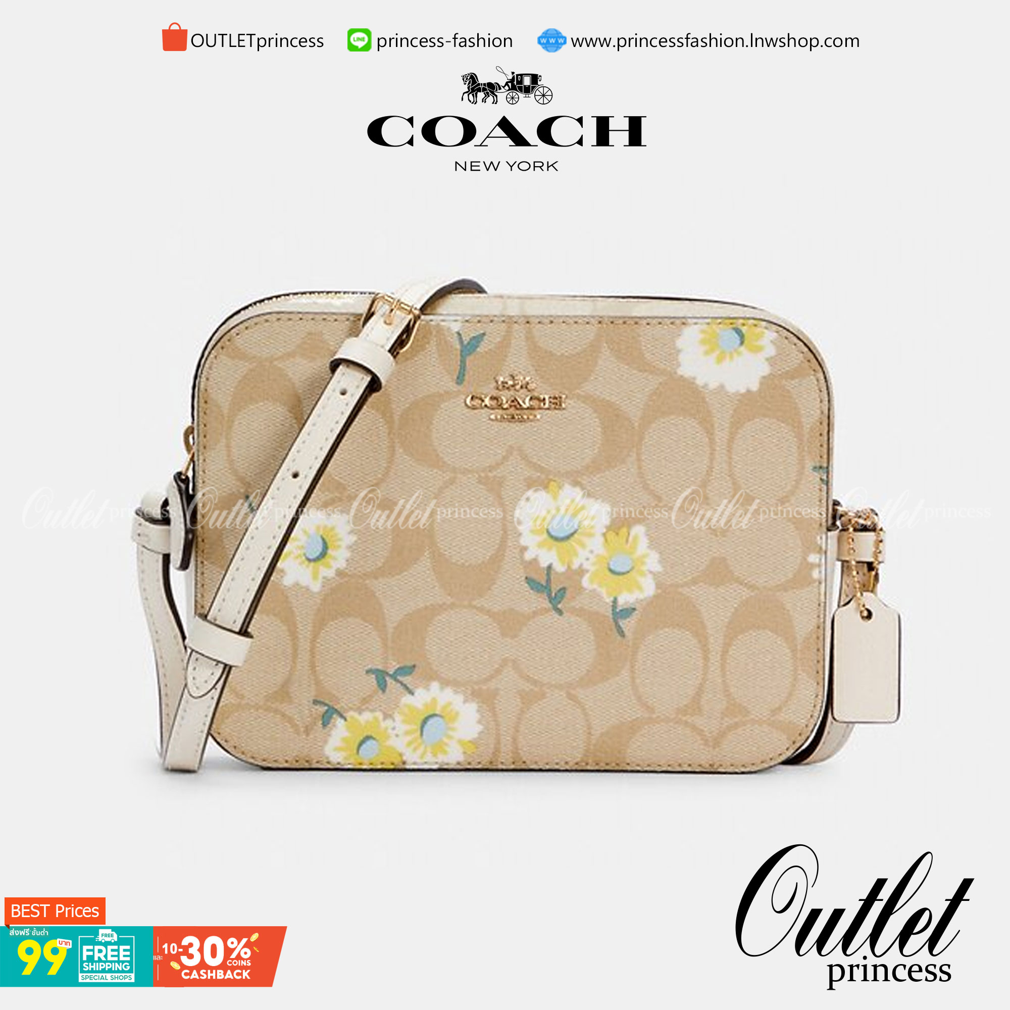 COACH C3354 MINI CAMERA BAG IN SIGNATURE CANVAS WITH DAISY PRINT คอลเลคชั่นใหม่ เอาใจสายหวาน!! กระเป๋าสะพายข้างไซส์มินิ ทรงสวยกำลังดี ดีไซน์ตกแต่งลายดอกเดซี่ คิ้วท์แบบไม่มีใครเกินแน่นอน วัสดุหนังแคนวาสเคลือบลาย เปิด-ปิดด้วยซิป สายสะพายปรับได้ตามตัว ภายในม