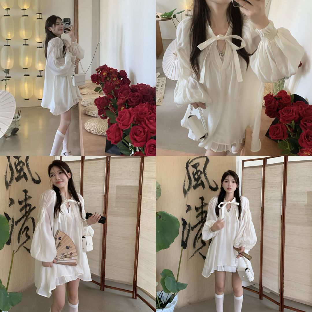 พร้อมส่ง 🧧 Thuwa dress เดรสตัวสั้นแขนยาวสีครีม (IN38105)