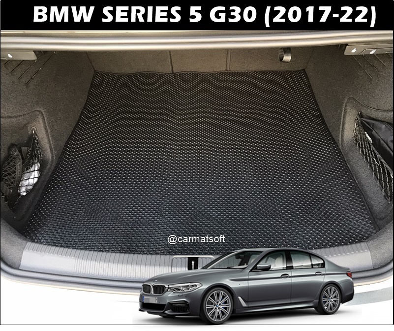 แผ่นปูท้ายรถ BMW SERIES 5 G30 (2017-22) ลายกระดุมเล็กPVC สีดำ เข้ารูป ตรงรุ่นรถ