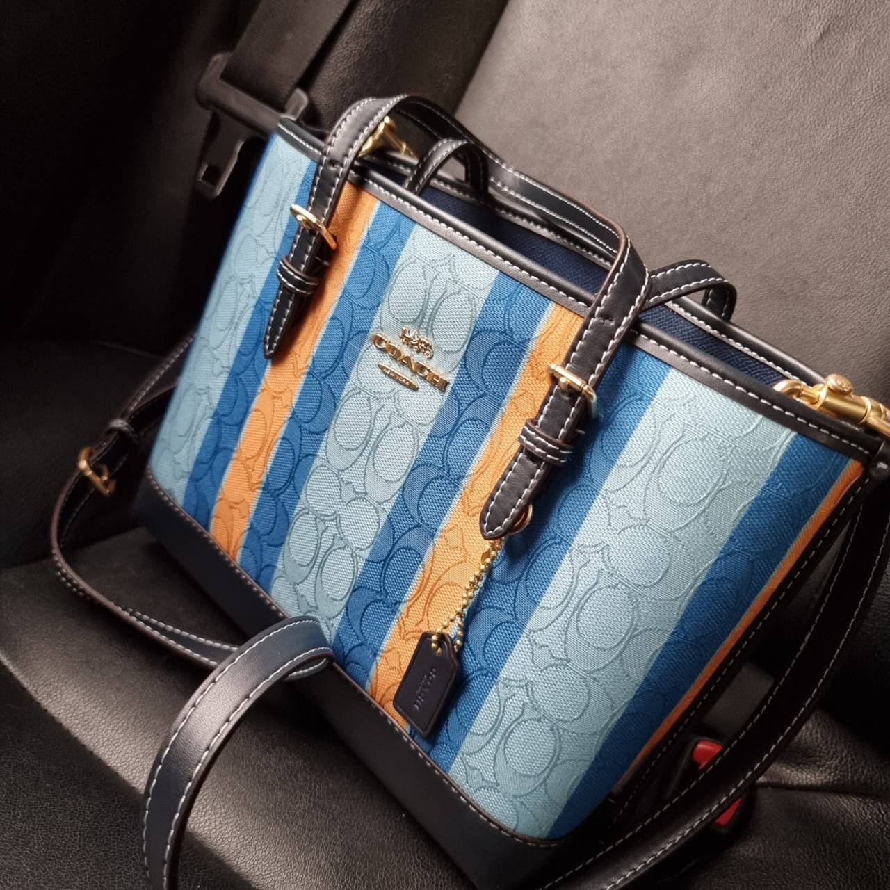 COACH C4086 MOLLIE TOTE 25 IN SIGNATURE JACQUARD WITH STRIPES แจกความสดใสด้วยลุคคัลเลอร์ฟูล กระเป๋าทรงโท้ท มินิไซส์ ตกแต่งลายเอกลักษณ์ถักทออยู่บนผ้า jacquard ตัดกับลายเส้นสีสันสวยงาม ลงตัวไม่ซ้ำใคร ภายในเป็นช่องโล่ง มีช่องซิปกลางใส่ของได้ ขนาดกำลังดีแบบใส