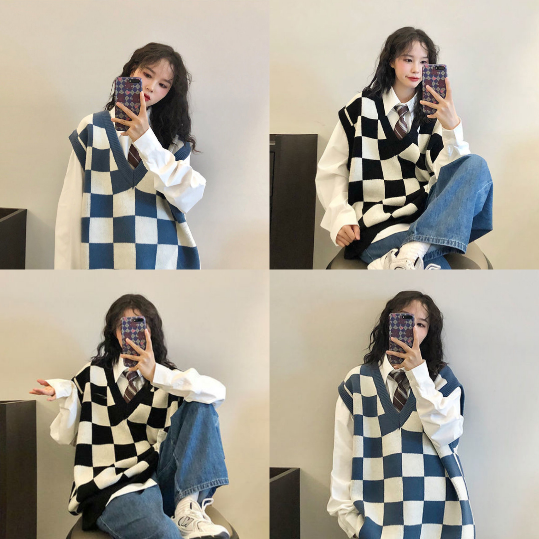พร้อมส่ง 2 สี 🥐🐮 Chilling sweater เสื้อกั๊กแขนกุดลายตารางทรงโอเวอร์ไซส์ (IN35946)