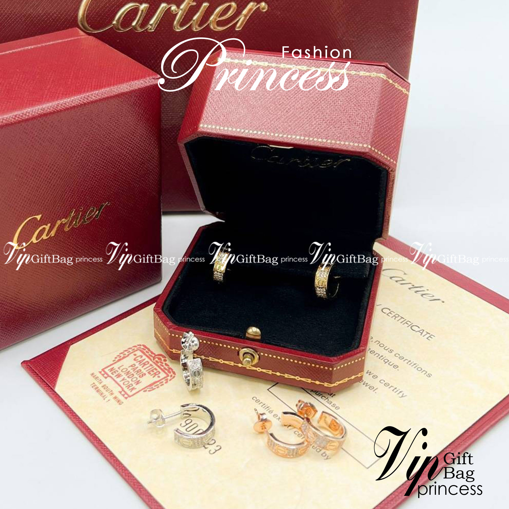 CARTIER LOVE EARRINGS ต่างหูคาเทียร์ รุ่น LOVE มีเพชร พร้อมกล่อง ภาพถ่ายจากงานจริง งานปั้มวัสดุโลหะเคลือบขึ้นเงาตามรูป ใช้งานต่างประเทศได้