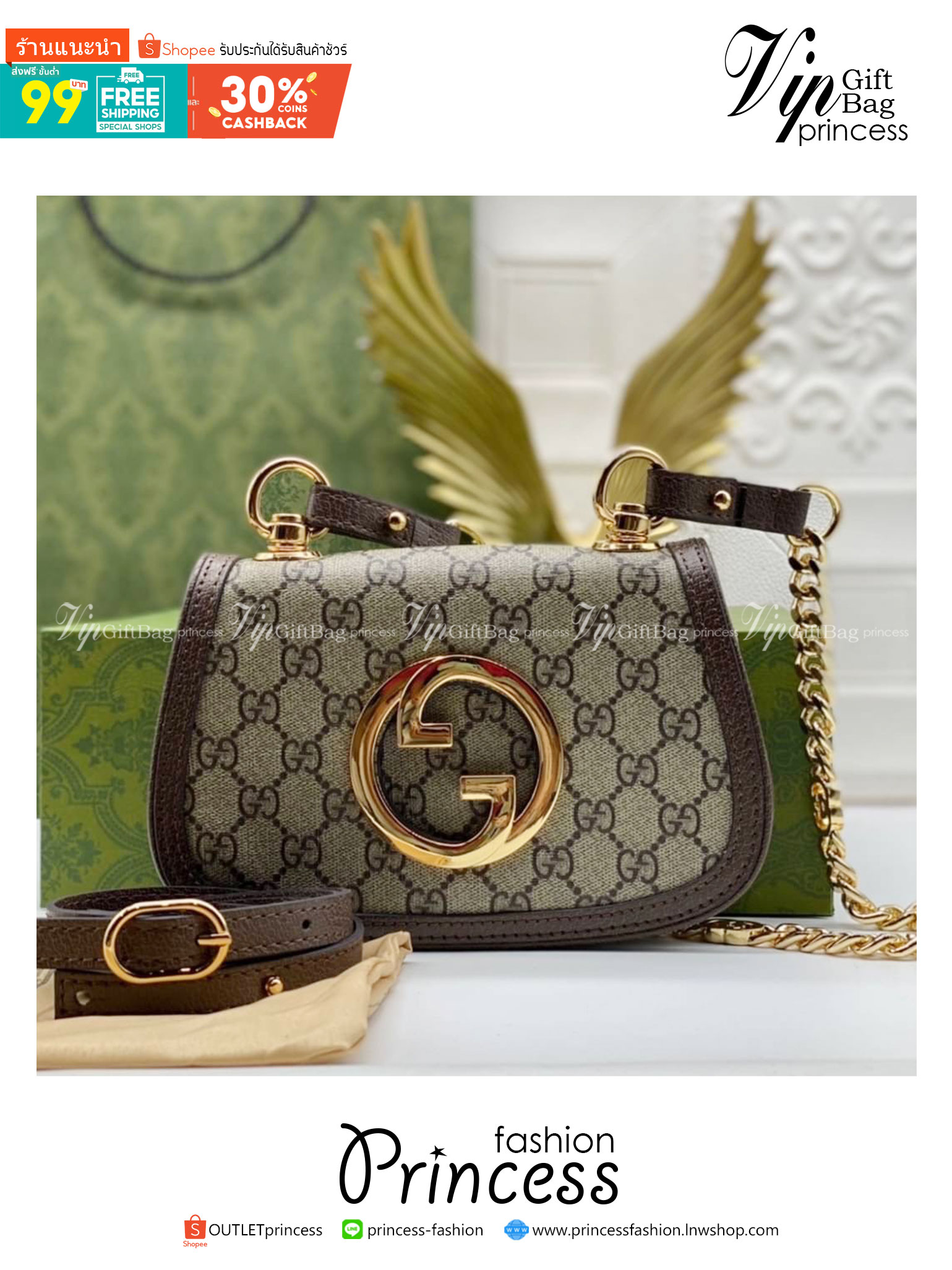 GUCCI Blondie mini shoulder bag / Gucci pouch เกรดออริจินอล ภาพสินค้าถ่ายจากงานขายจริง ใช้งานต่างประเทศได้ Interlocking G ในรูปแบบเรขาคณิต ฮาร์ดแวร์โทนสีทองช่วยเพิ่มความวินเทจให้กับสไตล์