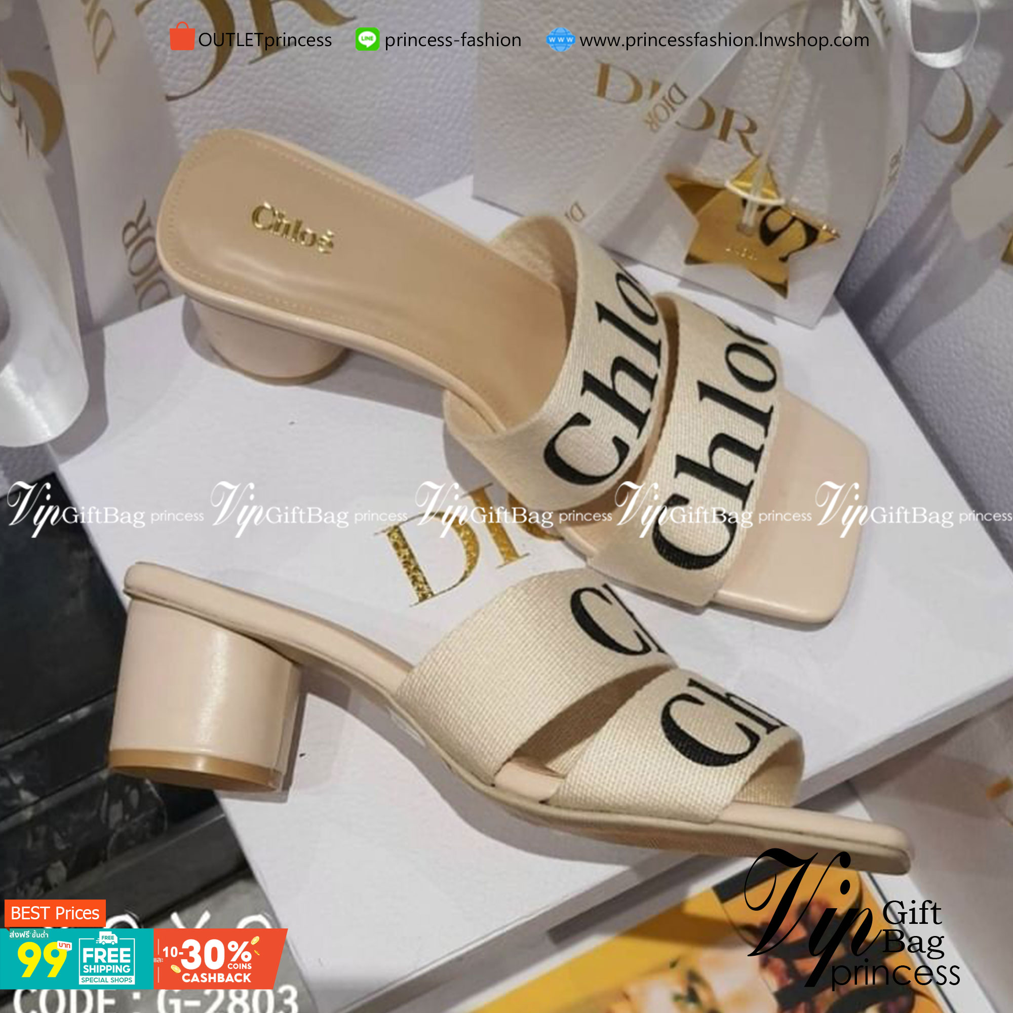 Chloe รองเท้าแตะ สวย ดูแพง เกินราคาขายมากคะ วัสดุผเาแคนวาสสกีนชื่อแบรนด์ คาด 2 ชั้น ส้นทรงกระบอกแท่งกลม สวมใส่ง่าย แมทส์ชุดง่าย น้ำหนักเบา