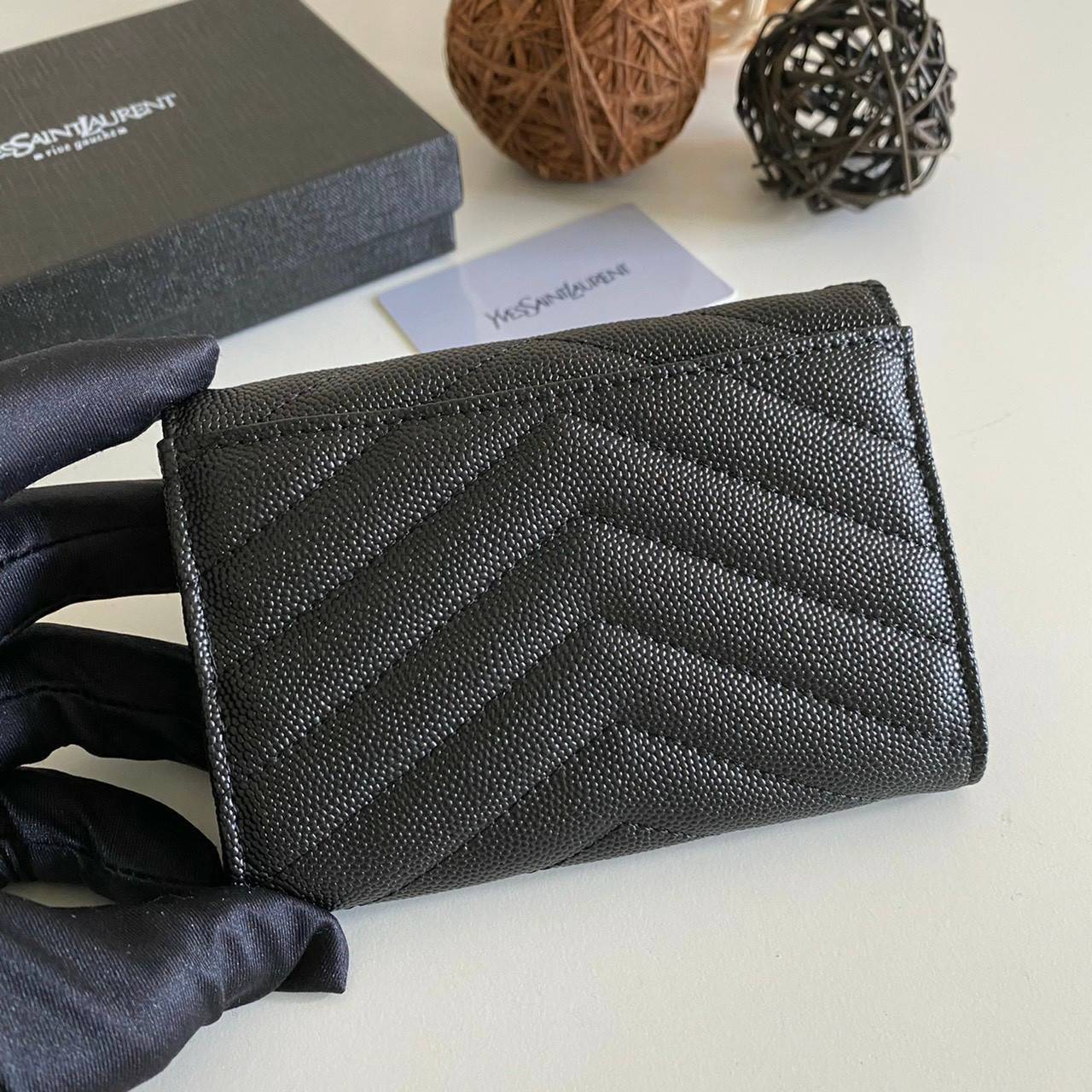 หนังแท้ 12cm YSL SAINT LAURENT GARD HOLDER Small Envelope Monogram Wallet