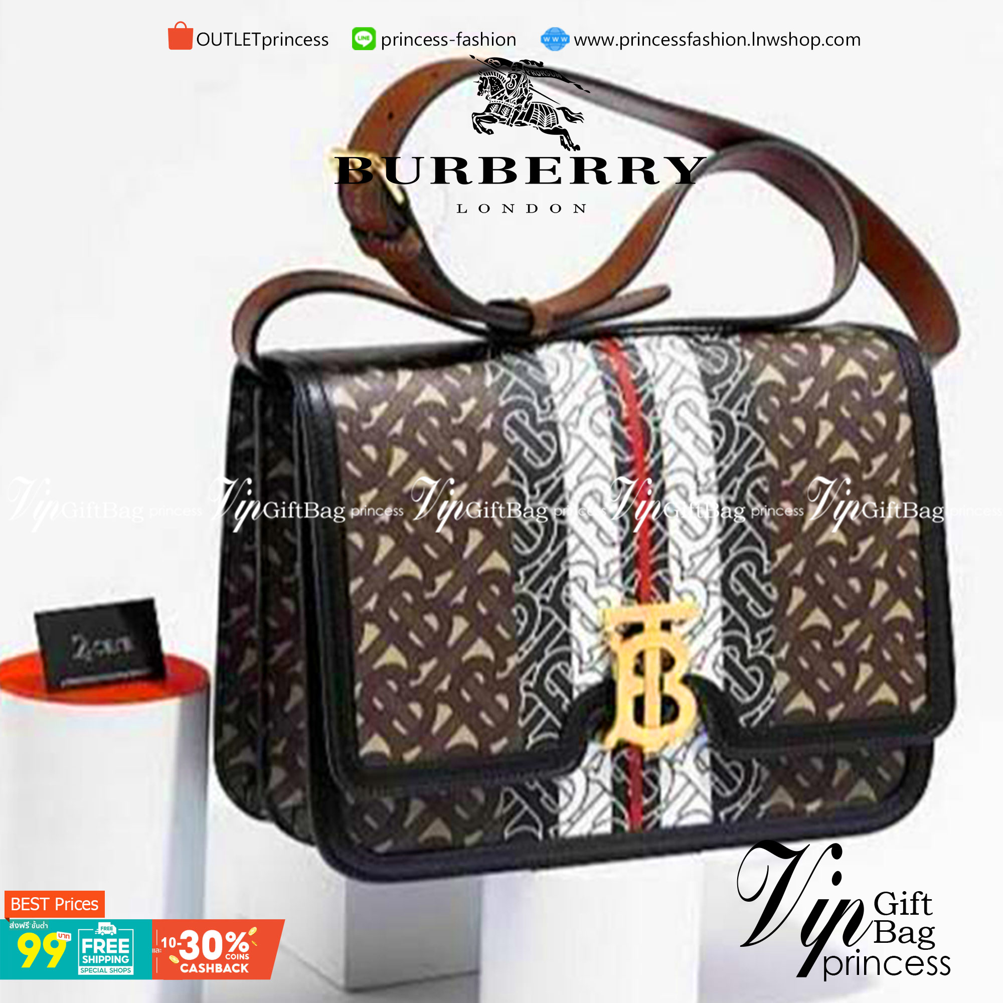 VIP หนังแท้ 】BURBERRY Brown TB-Print Canvas and Leather Crossbody Bag กระเป๋าสะพายวัสดุหนังแท้ ขึ้นลายแบรนด์โมโนเเกรมคอลเลคชั่นใหม่ทรงเหลี่ยมสวยหรูดูดี เปิดปิดด้วยฝาปิดสัญลักษณ์รูปตัวB ภายในมีช่องแบ่งเป็นสัดส่วนสามารถใส่มือถือ iphone เงิน ของจุกจิกได้ หัว