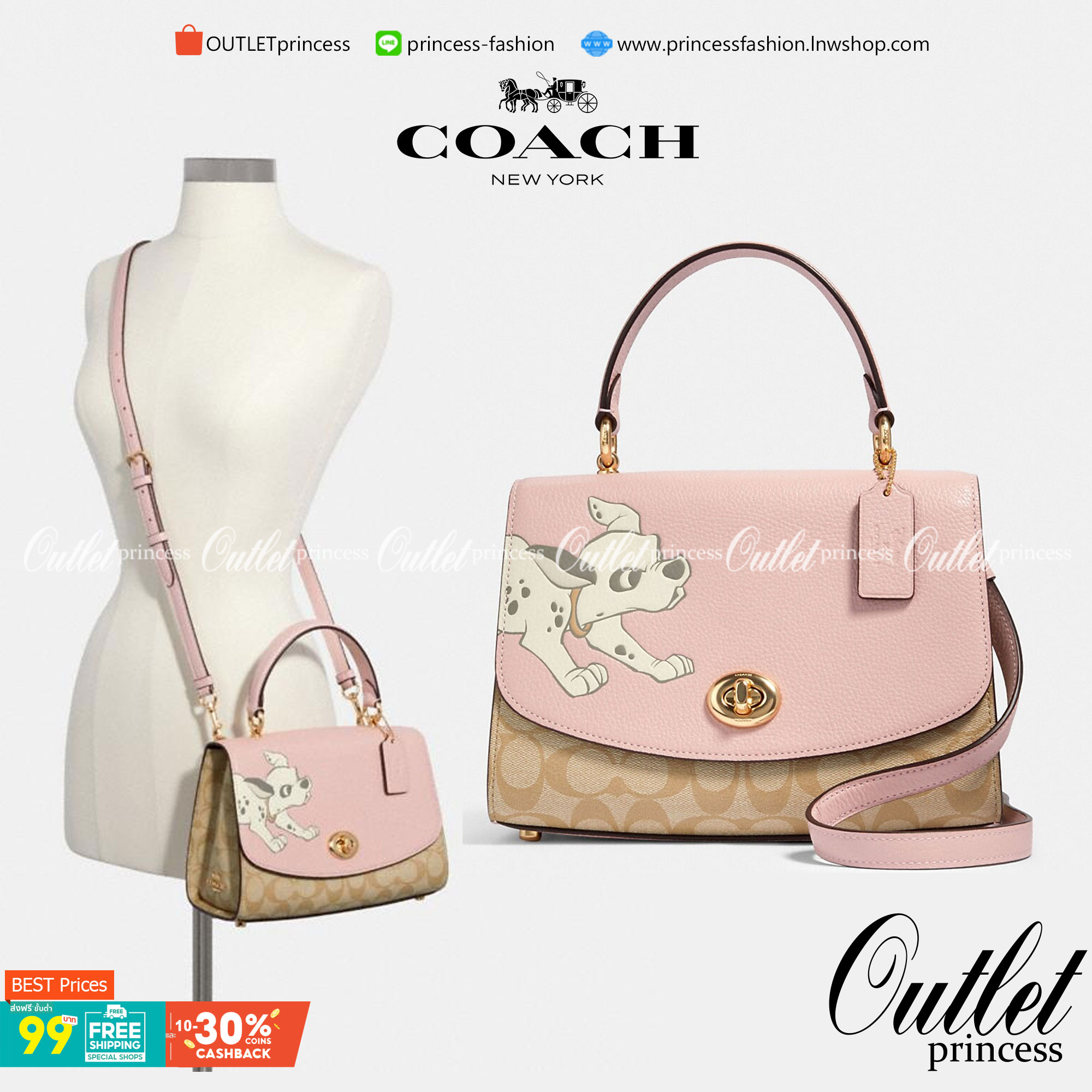 Coach Disney X Tilly Top Handle In Signature with Dalmatian Blossom/Light Khaki Multi Coated Canvas Satchel กระเป๋าถือและสะพายข้างรุ่นลิมิเตด คอลเลคชั่น Disney น่ารักมากค่ะ ใส่กระเป๋าสตางค์ใบยาวได้