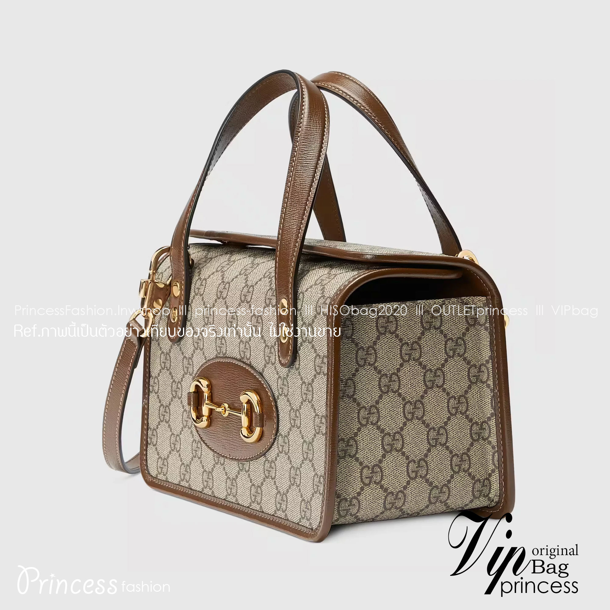 GUCCI Horsebit 1955 mini leather-trimmed printed coated-canvas tote / GUCCI Horsebit 1955 mini top handle bag กระเป๋าสะพายทรงกล่อง พร้อมสายสะพายยาว งานเปิดด้านบน หน้าติดอะไหล่ horsebit สีทองปั้มทุกจุด สวยหรูดูดีมากค่ะ