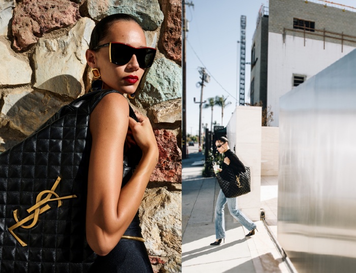 YSL icare maxi shopping bag in quilted lambskin / YSL tote bag กระเป๋าไซส์ใหญ่ พร้อมใบเล็ก หนังบุนิ่มเย็บลายตาข่าย (Quilted Bag) ดีไซน์คล้ายตะกร้าช็อปปิ้ง โฉบเฉี่ยวกว่าหลายระดับด้วยการประดับฮาร์ดแวร์ทองเหลืองในตัวอักษร YSL บนหนังสีดำสร้างความสะดุดตา มอบสไ