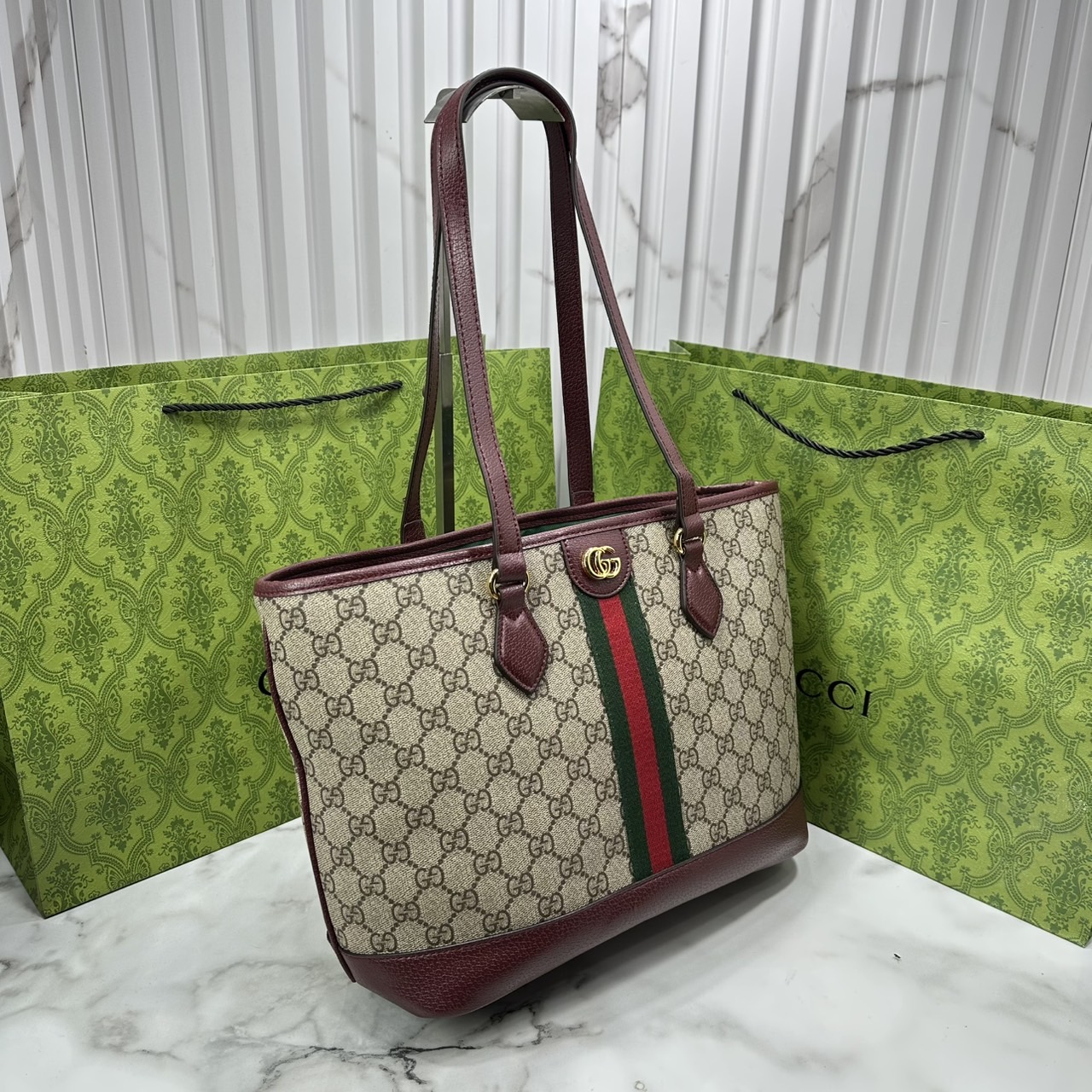 ORI หนังแท้ | Gucci Ophidia medium tote bag GG Monogram Double G / Gucci Tote Bag กระเป๋าสะพายทรงโท้ทใบใหญ่ ภายในโล่งกว้างจุของได้เยอะ