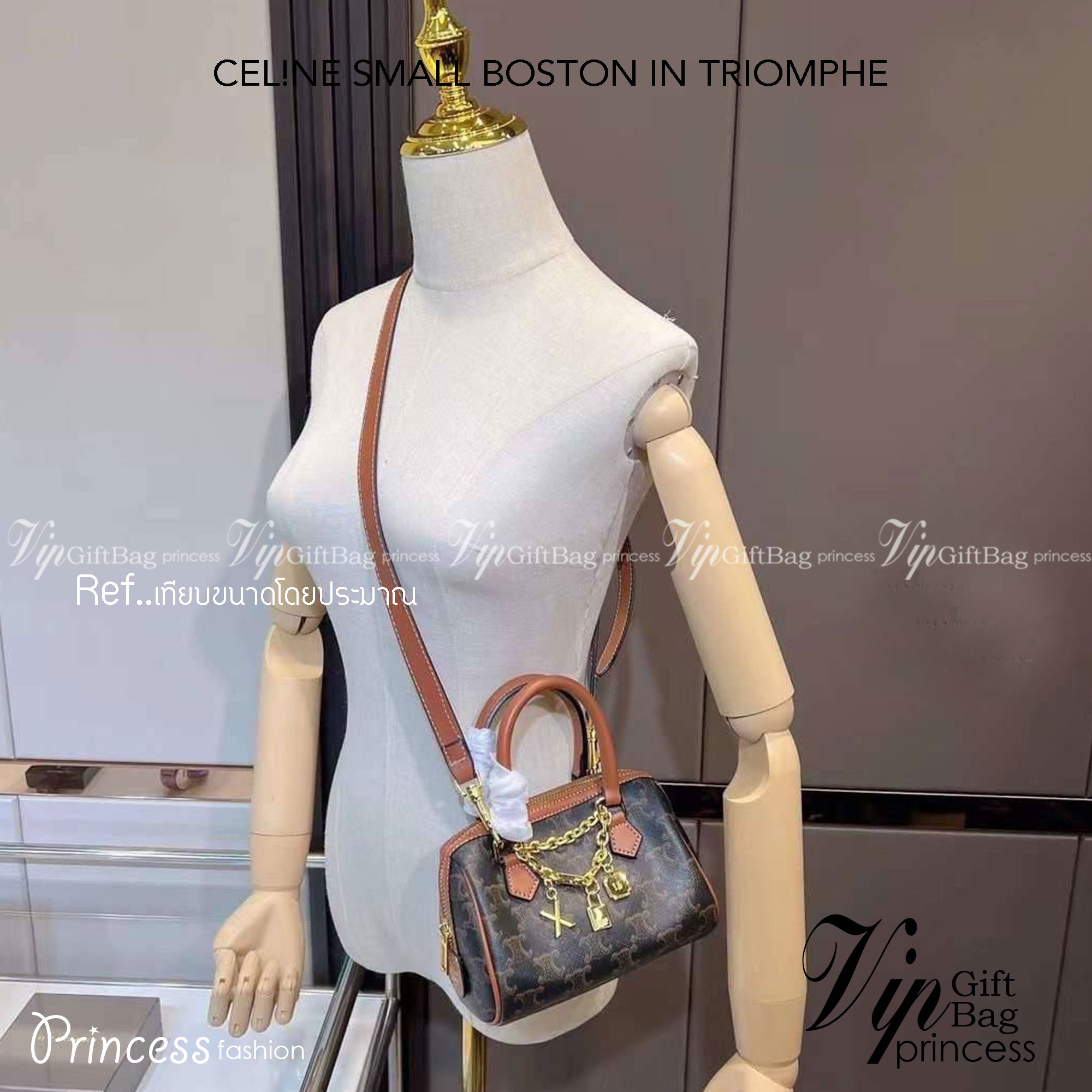 CELINE MINI BOSTON IN TRIOMPHE CANVAS / CELINE MINI CROSSBODY BAG VIP วัสดุแคนวาสหนังสวยอยู่ทรง ดีไซน์ยอดนิยมทรง Speedy ประดับสร้อย สายโซ่สีทองหรูเปิดปิดด้วยซิปคู่แบรนด์