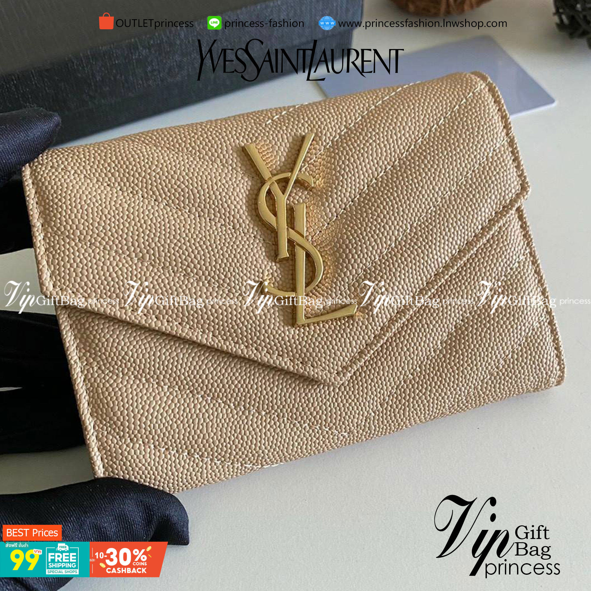 หนังแท้ 12cm YSL SAINT LAURENT GARD HOLDER Small Envelope Monogram Wallet