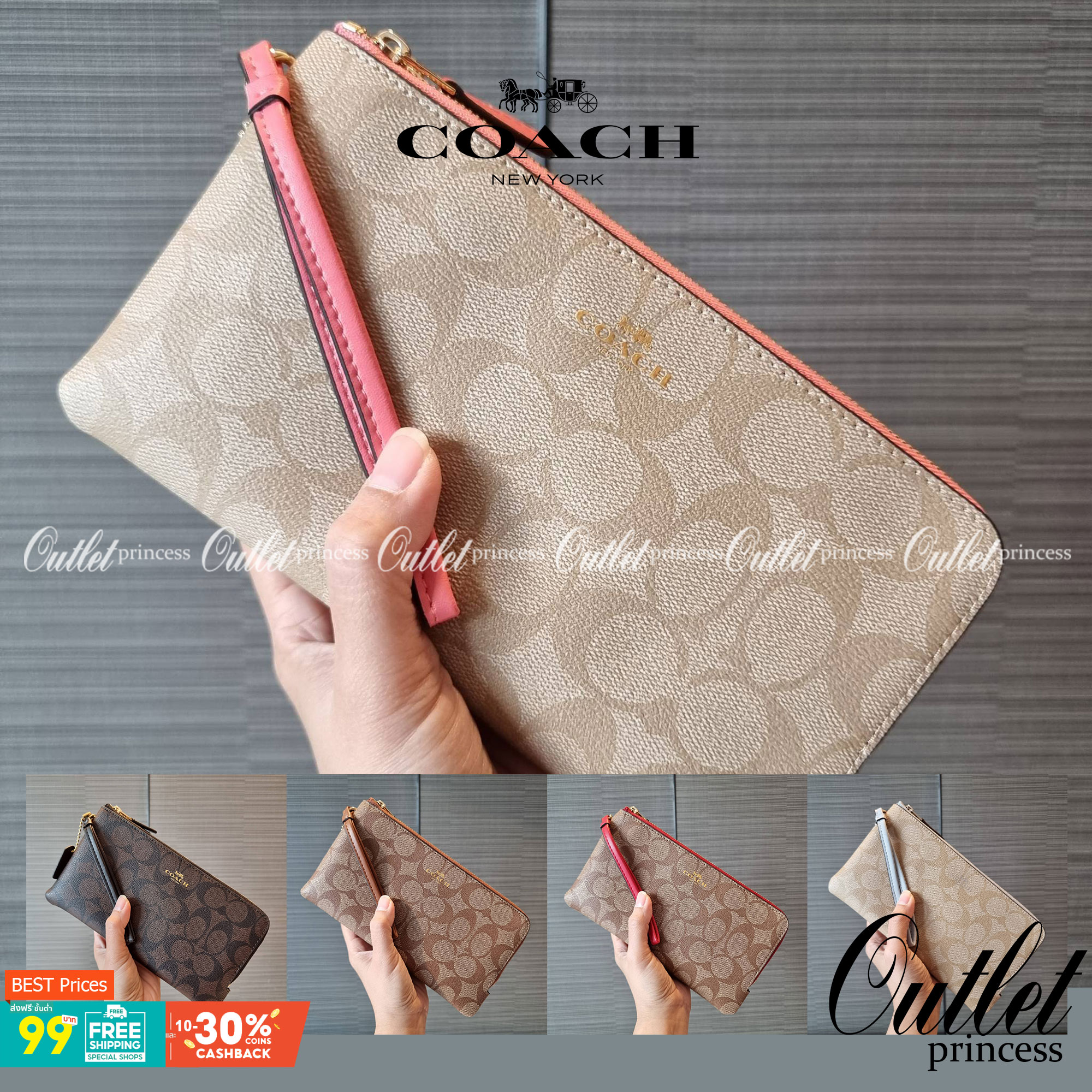 COACH F54057 DOUBLE ZIP WALLET IN SIGNATURE กระเป๋าคล้องมือ size L ใบนี้ใส่มือถือได้ทุกรุ่น ขนาดกำลังดี พกพาสะดวกมากๆ วัสดุหนังสังเคราะห์ ภายในเป็นผ้าสีสวยคม ใส่ธนบัตร ใส่บัตรได้เยอะ ใส่มือถือได้สบายๆทุกรุ่น ตอบโจทย์สาวๆที่ไม่ชอบพกเยอะวุ่นวายจ้า ใบนี้เอาอ