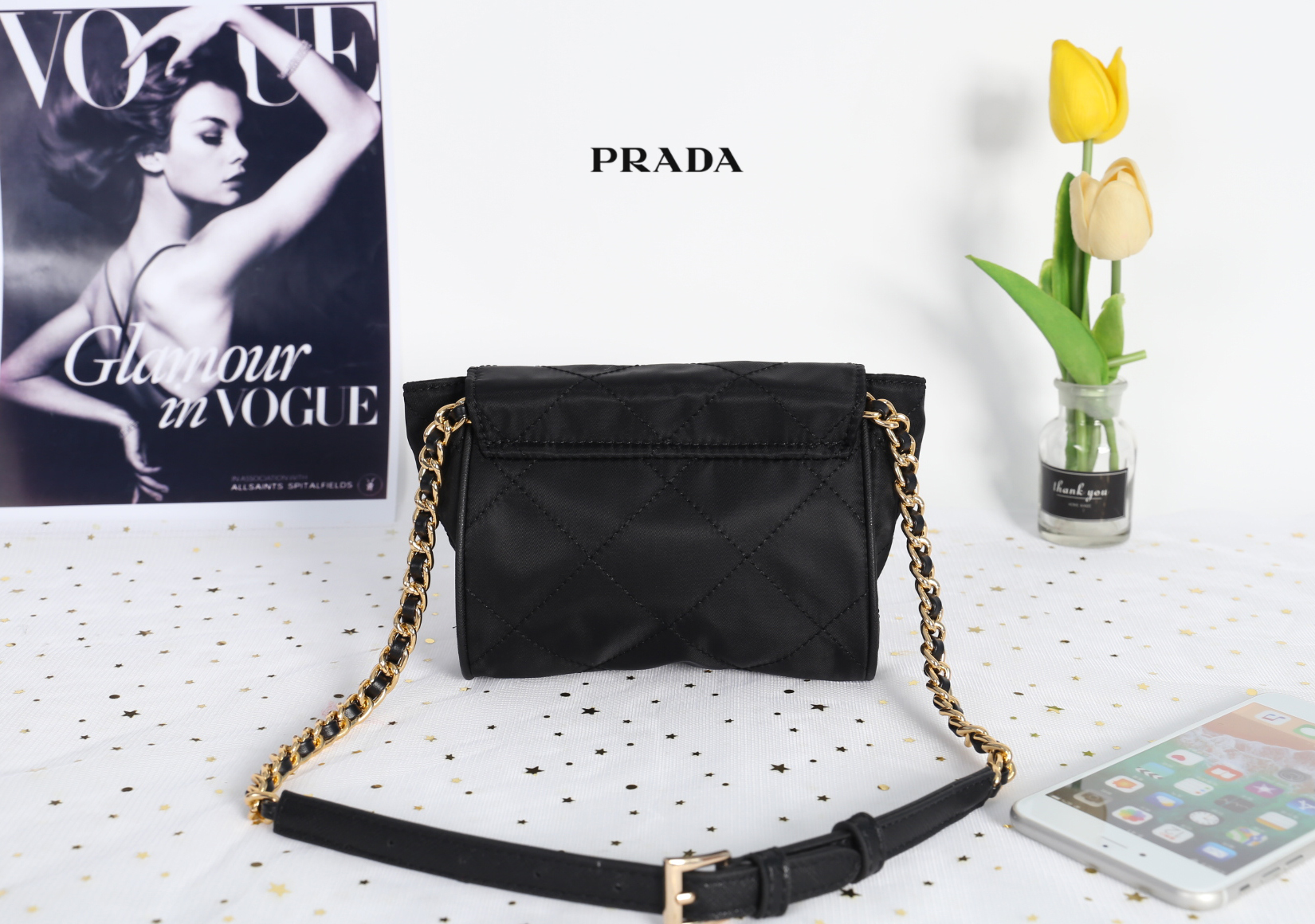 PRADA SHOULDER BAG / Prada Metal chain Quilted Waist Pouch กระเป๋าไนล่อนเย็บเป็นลายตาราง ดูหรูหราใบเล็กน่ารัก ด้านในโล่ง มี 1 ช่องซิป ซับในด้วยผ้าพิมพ์ลายแบรนด์